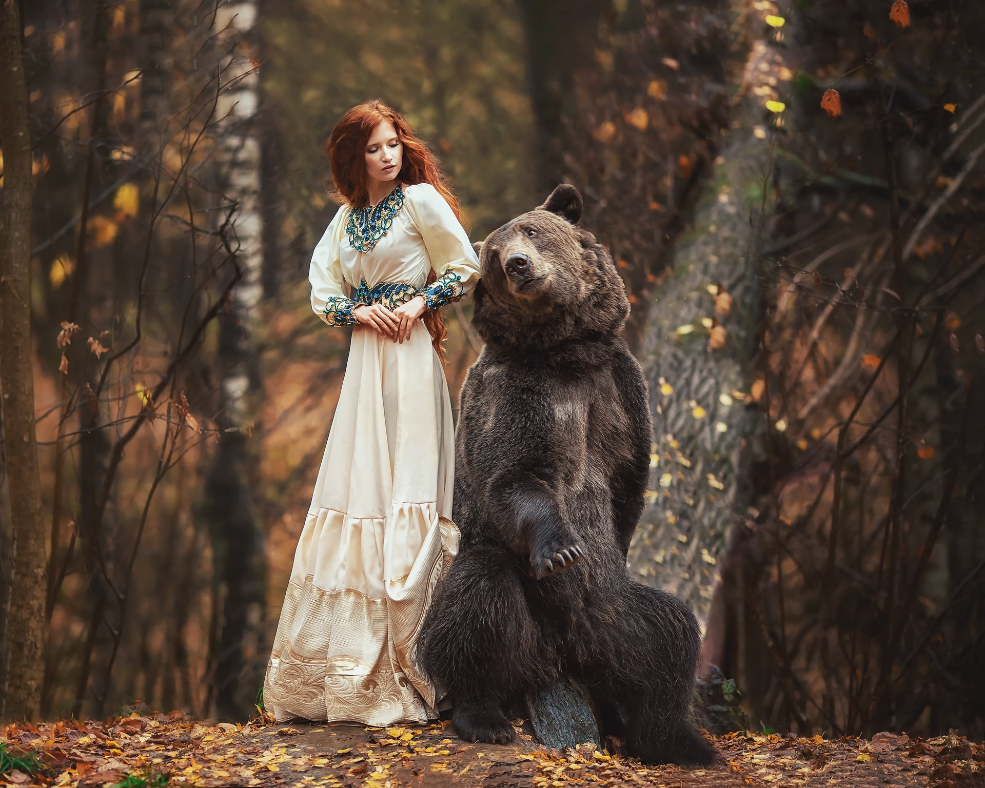 forest, girl, bear, autumn, Anastasia Barmina, pose, 1080P, redhead, dress, red, HD Wallpaper