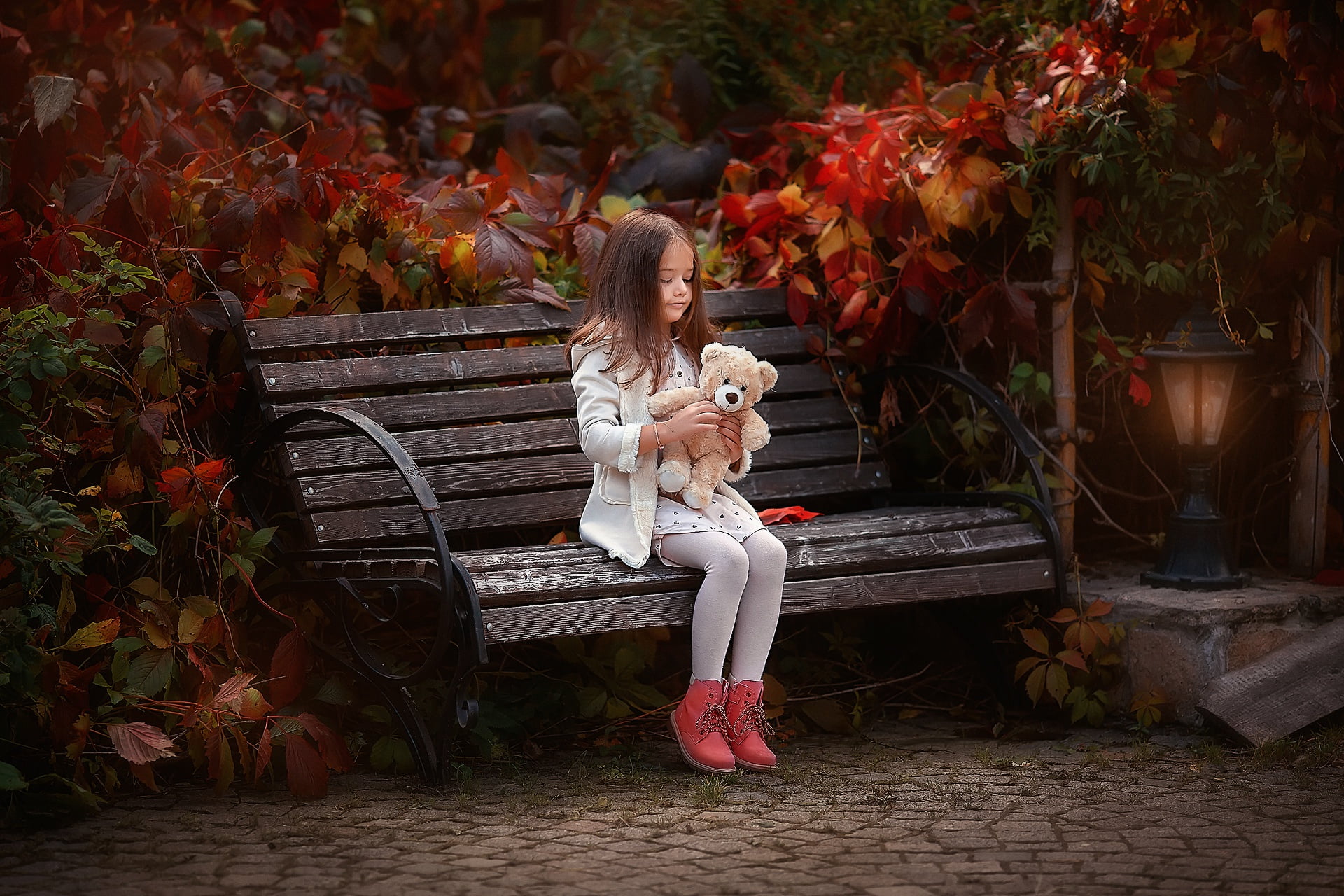 autumn, 1080P, toy, bear, girl, bench, Anastasia Barmina, HD Wallpaper