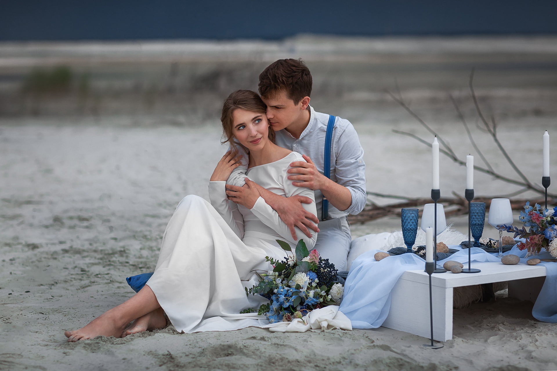 bouquet, wedding, dress, 1080P, lovers, male, Anastasia Barmina, hugs, girl, HD Wallpaper