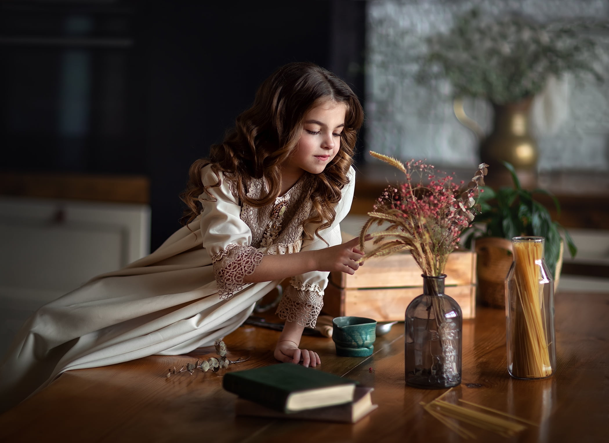bottle, ears, curls, flowers, table, girl, 1080P, dress, Anastasia Barmina, books, HD Wallpaper