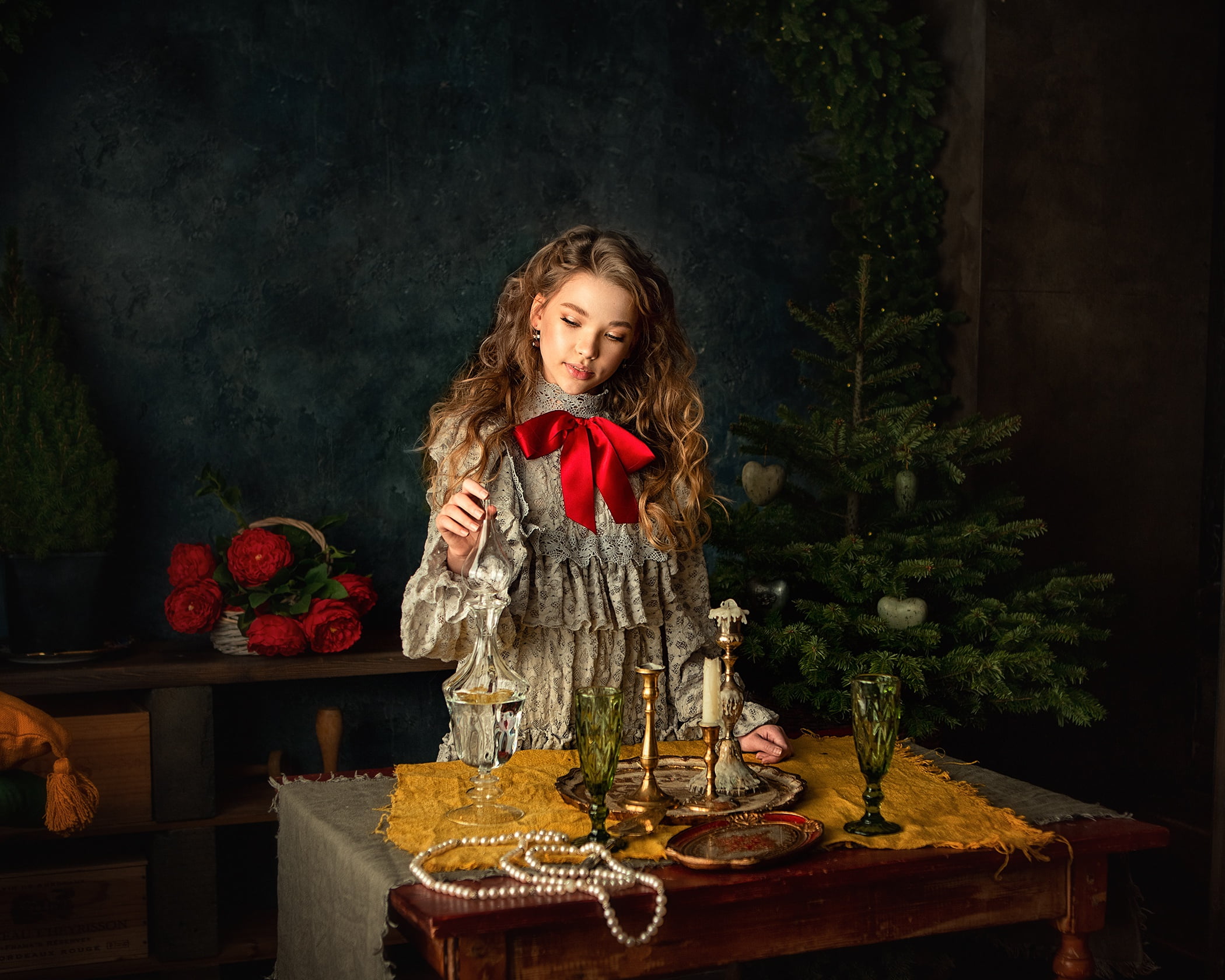 Anastasia Barmina, holiday, candles, new year, Christmas, подносы, pearl, basket, glasses, 1080P, necklace, flowers, tree, teen, girl, HD Wallpaper