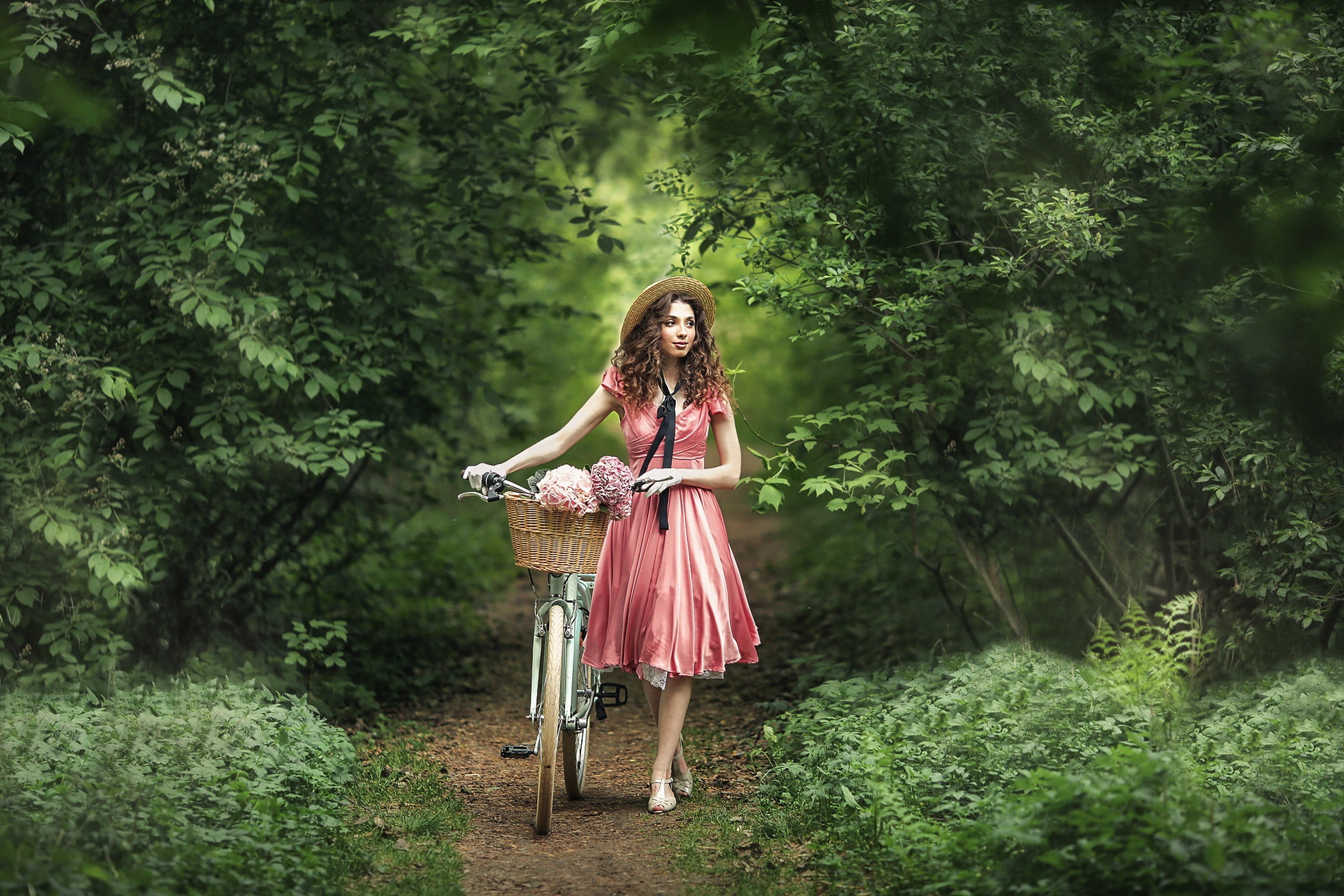 hat, hydrangea, path, basket, nature, 1080P, dress, Anastasia Barmina, Ксения Ждахина, walk, girl, mood, bike, flowers, curls, gloves, HD Wallpaper