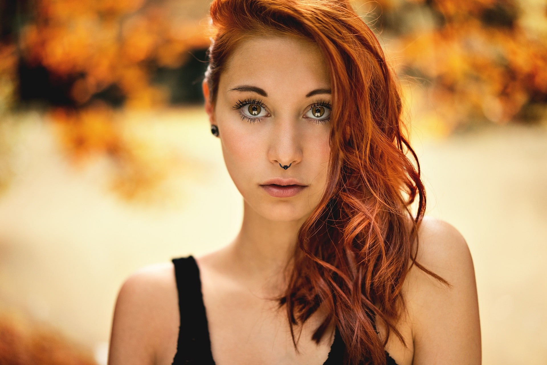 Victoria Ryzhevolosaya, autumn, redhead, fashion, women, young adult, outdoors, portrait, piercing, hair, 1080P, beautiful people, orange eyes, pierced nose, HD Wallpaper