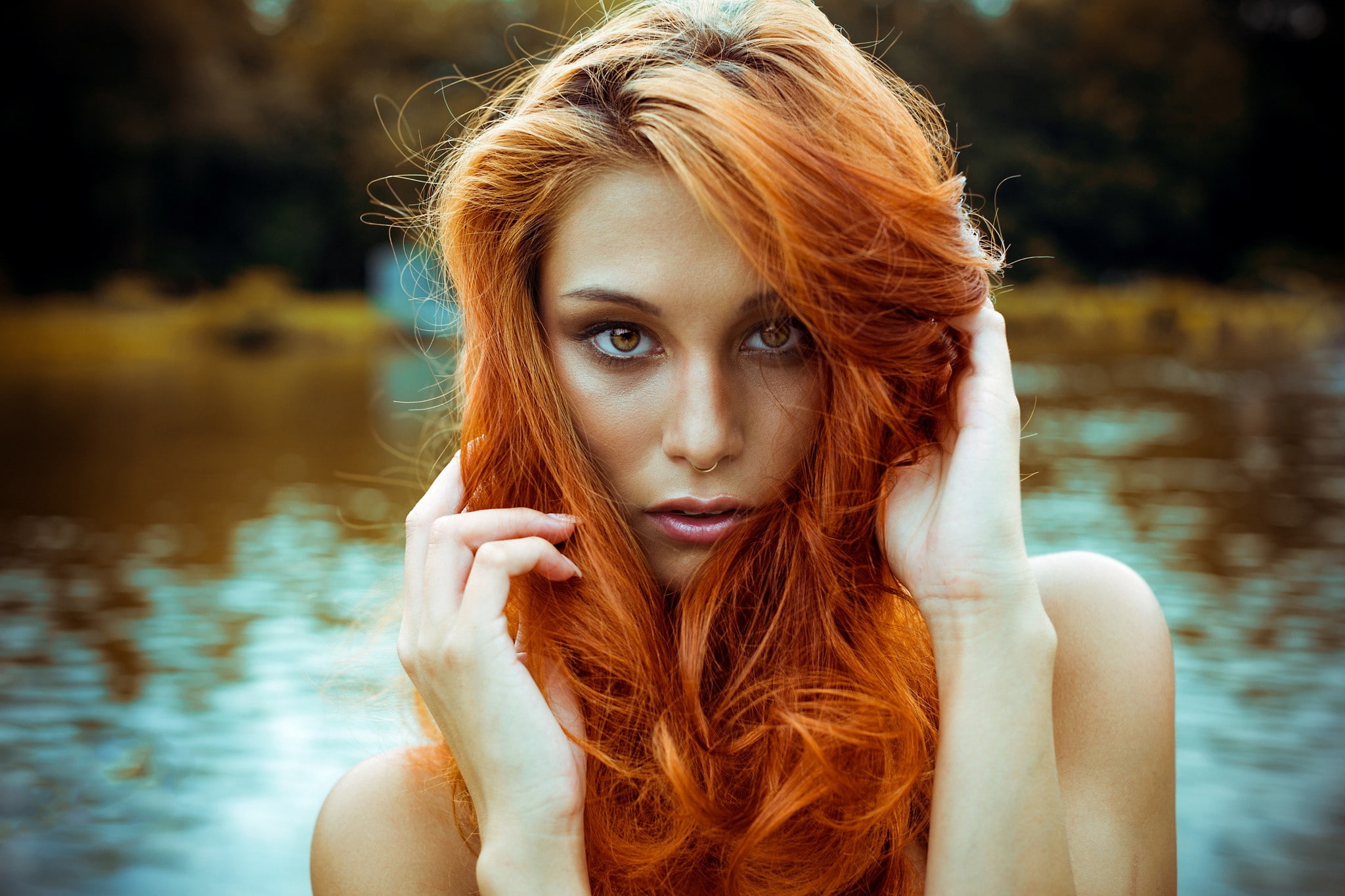 Victoria Ryzhevolosaya, women, portrait, 1080P, nose rings, face, redhead, HD Wallpaper