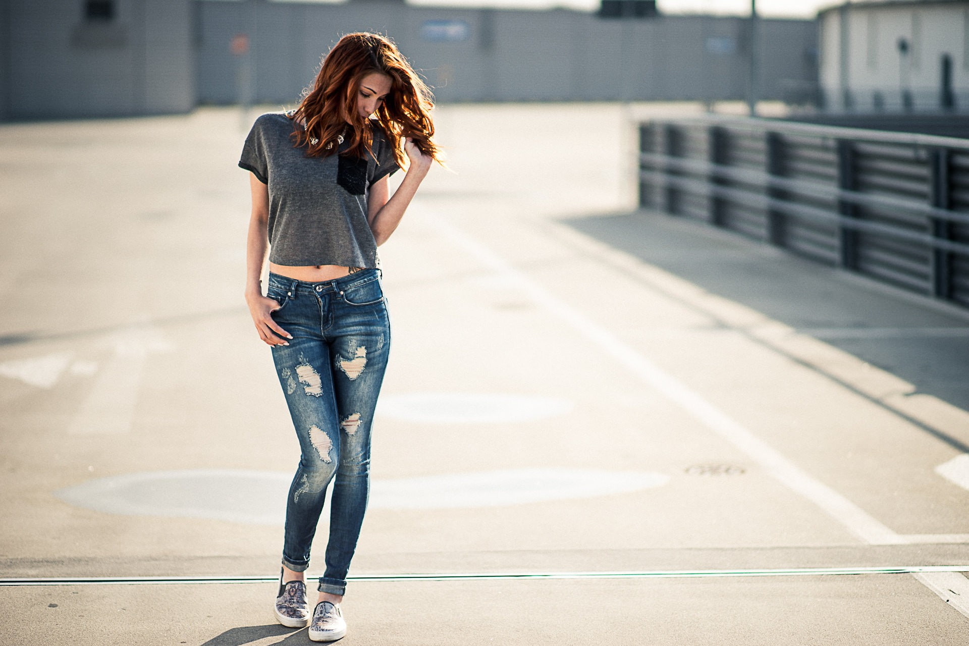 jeans, redhead, nose rings, torn jeans, 1080P, model, women, Victoria Ryzhevolosaya, HD Wallpaper