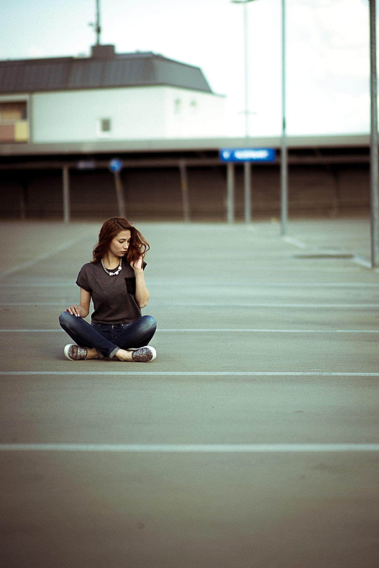 jeans, model, 1080P, women, nose rings, Victoria Ryzhevolosaya, redhead, sitting, torn jeans, Phone HD Wallpaper