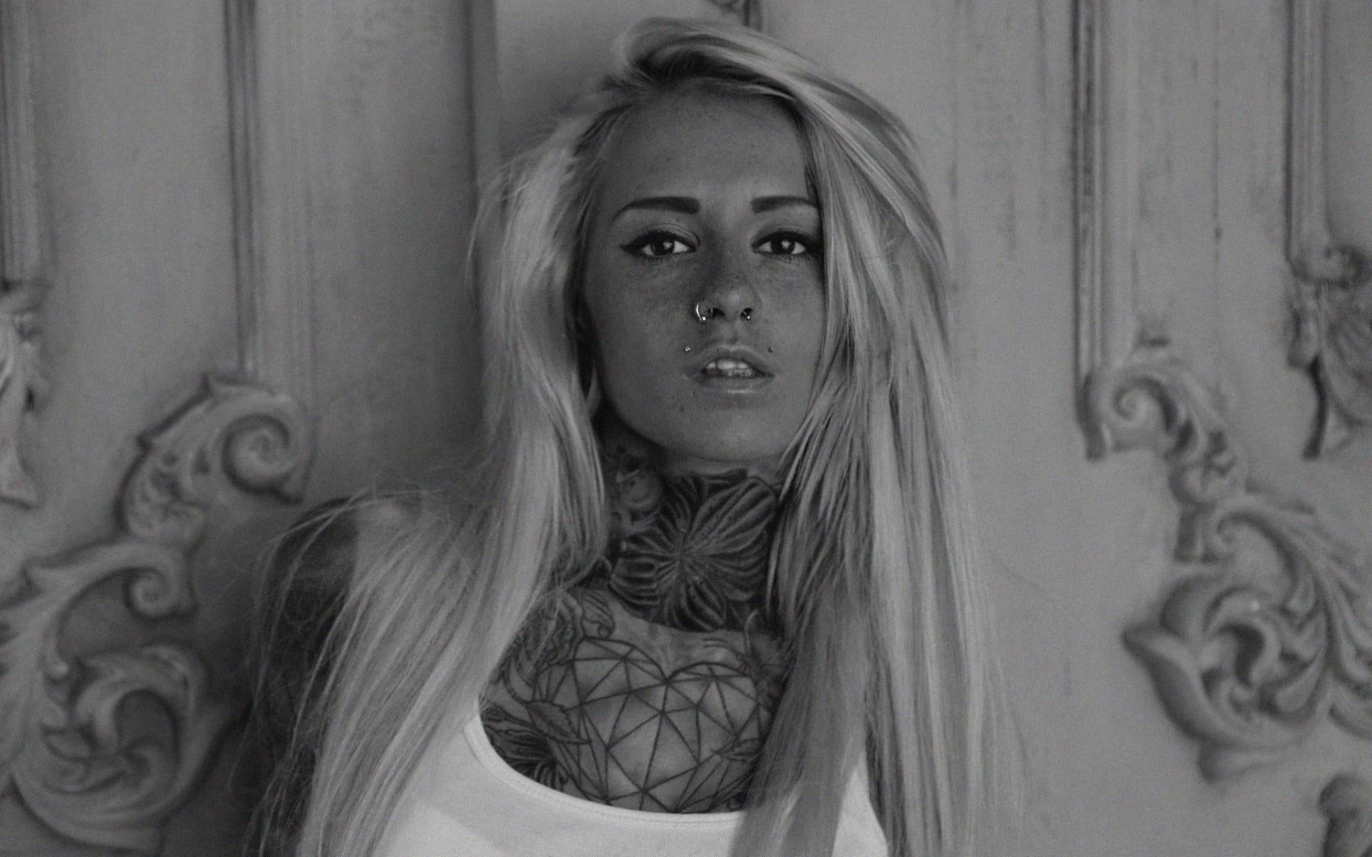 blond hair, young adult, Bantik Boy, portrait, hairstyle, model, indoors, front view, monochrome, long hair, looking at camera, real people, hair, one person, HD Wallpaper