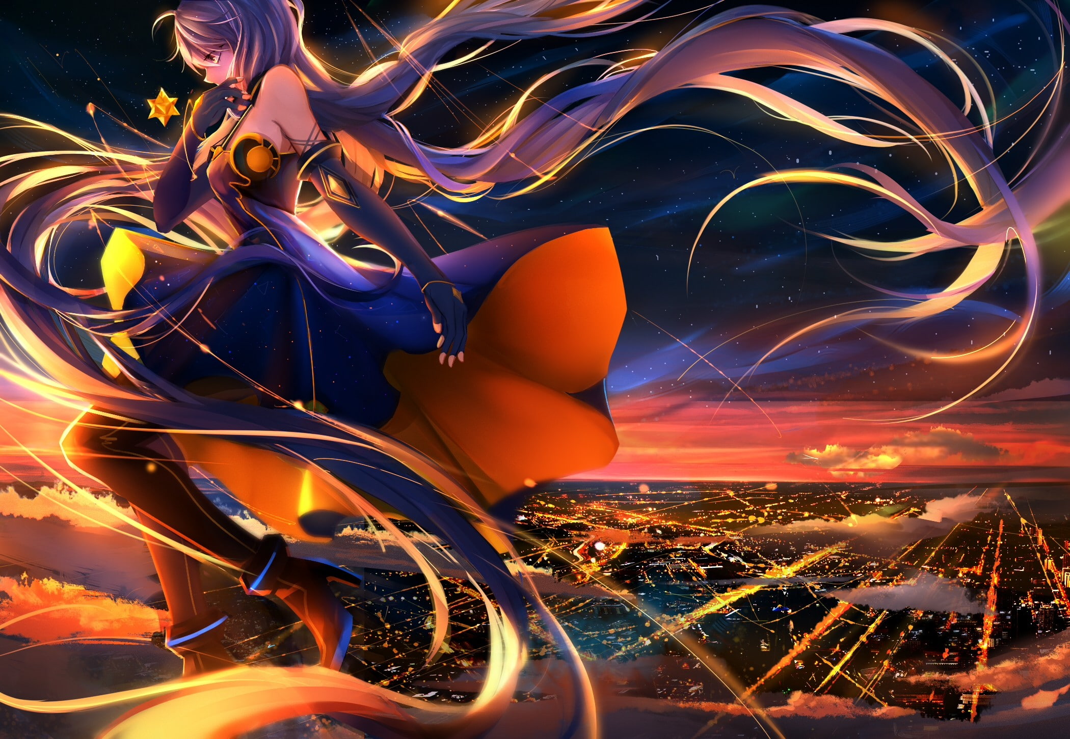 Stardust (Vocaloid), 1080P, city, long hair, stars, Vocaloid, clouds, dress, anime, anime girls, boots, sunset, floating, sky, thigh-highs, HD Wallpaper