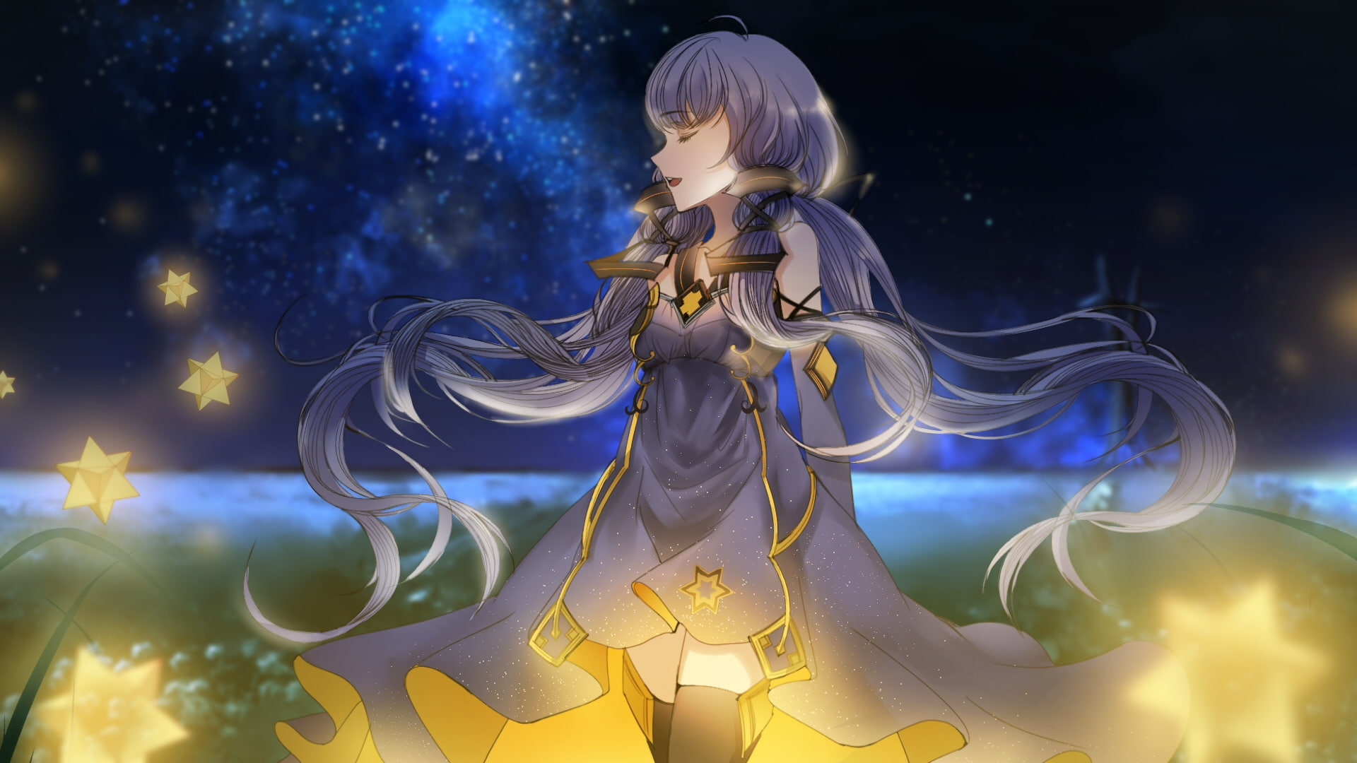 nature, closed eyes, gold colored, Anime, craft, religion, xingchen, night, stardust, creativity, representation, dress, human representation, architecture, HD Wallpaper