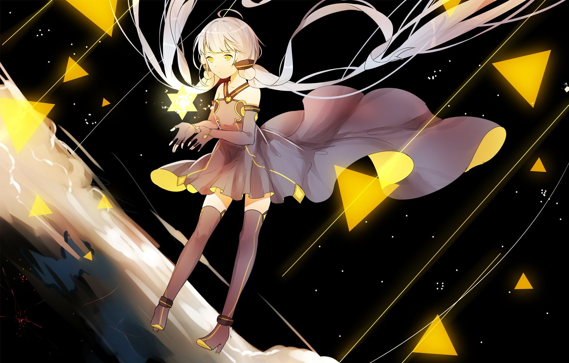 1080P, (vocaloid), vocaloid, heel, dress, high, sleeveless, boots, floating, stardust, HD Wallpaper