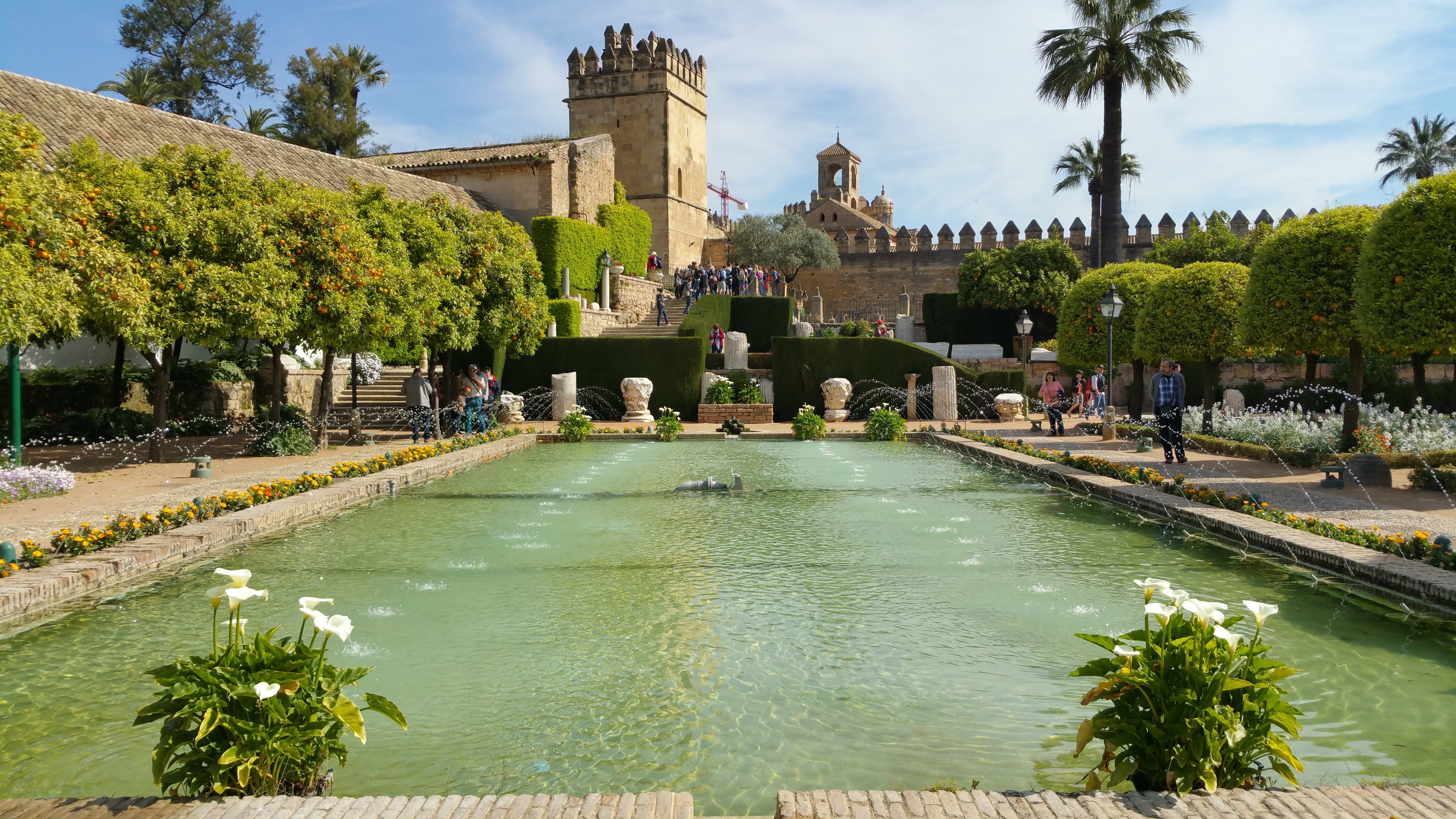history, alcazar cordoba, castle of the christian monarchs, the past, alcázar of córdoba, pond, tourism, cityscape, plant, building exterior, outdoors, HD Wallpaper