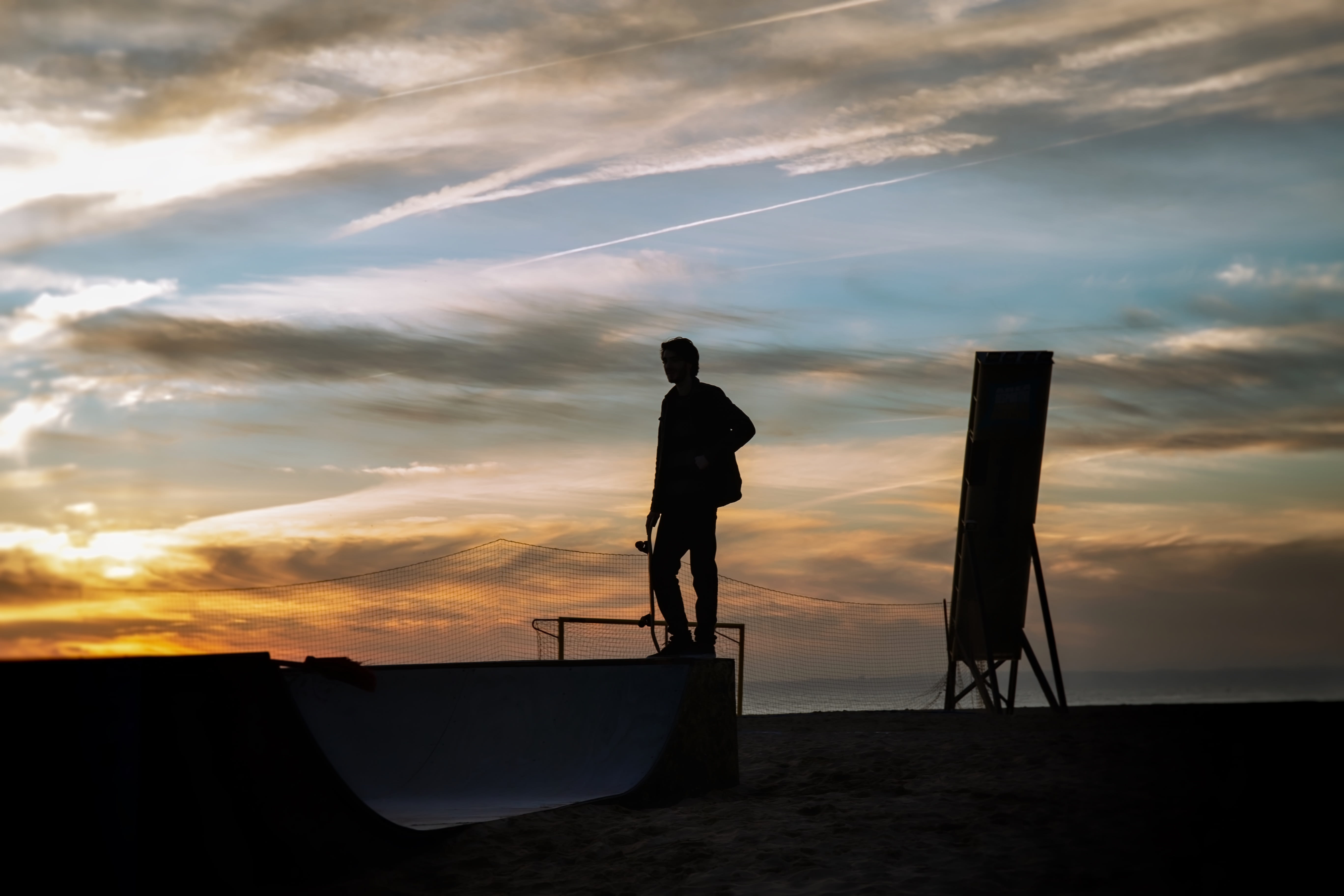 outdoors, nature, standing, scenics - nature, ramp, skating, tranquility, cloud - sky, men, beach, leisure activity, skateboard, sporty, silhouette, people, HD Wallpaper