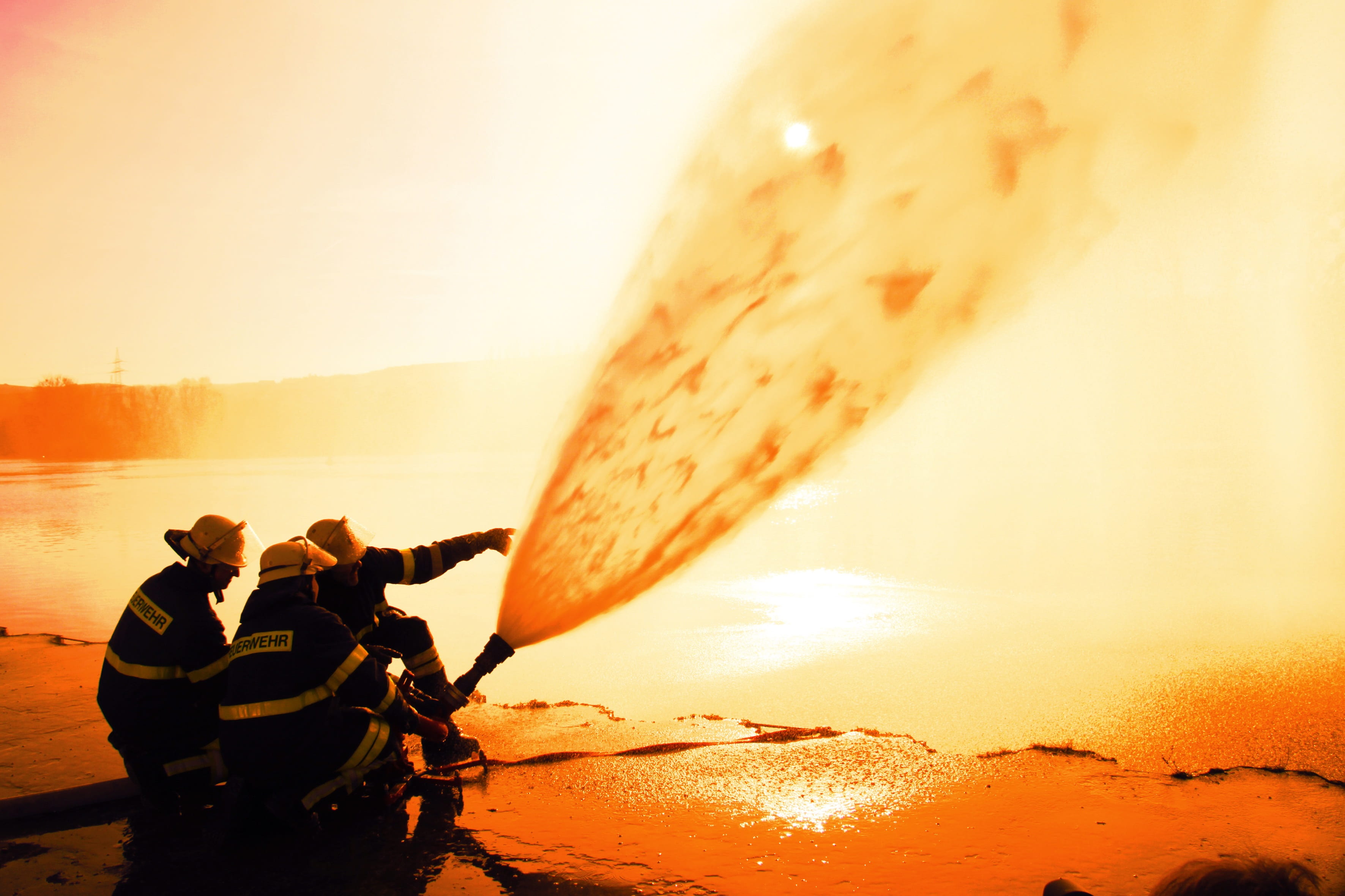 fire, nature, silhouette, sea, water pump, pump, land, sunset, leisure activity, equipment, water, exercise, helm, water jet, firefighters, 2K, holding, HD Wallpaper