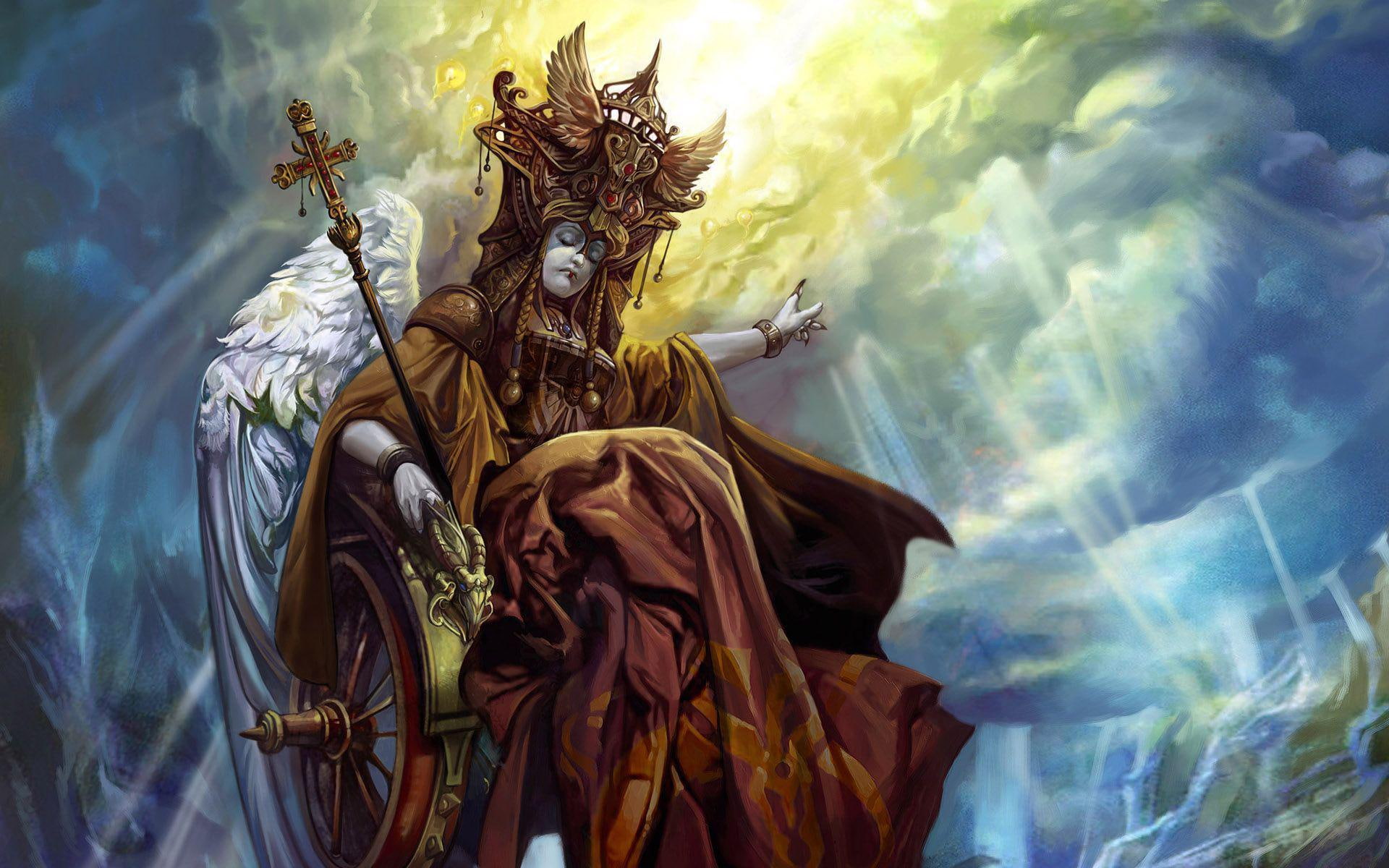 woman, winged, angel, 1080P, cross, helm, person, fantasy, illustration, 1920x1200, great, staff, white, witch, wing, carrying, HD Wallpaper
