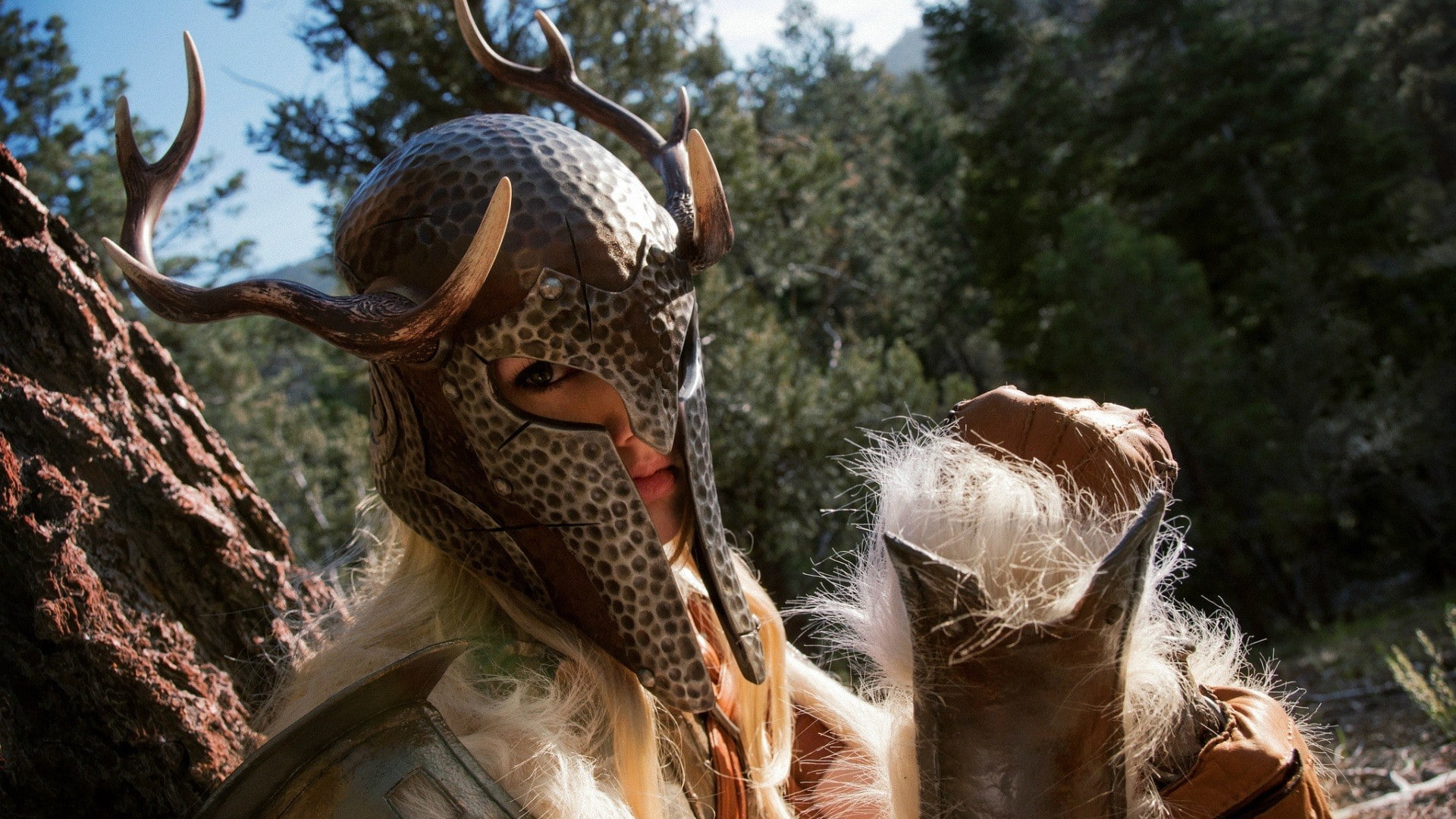 helmet, animal representation, tree, 1080P, focus on foreground, brown, statue, day, forest, s, warrior, cosplay, craft, sculpture, The Elder Scrolls, HD Wallpaper