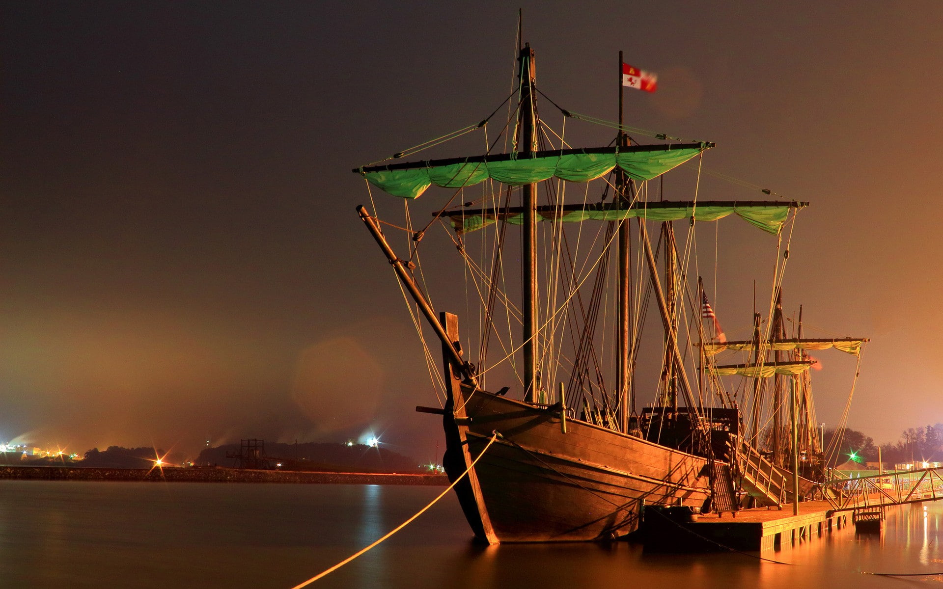 water, USA, ports, long exposure, dock, harbor, ship, lights, 1080P, flag, night, sailing ship, HD Wallpaper