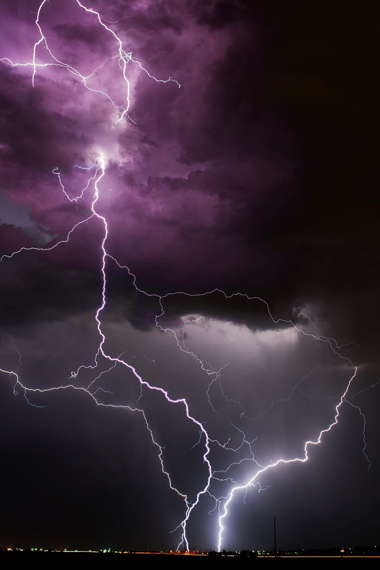 power in nature, ominous, sky, storm cloud, dramatic sky, digital, strike, evening, power, 1080P, clouds, forked lightning, warning sign, purple, nighttime, Phone HD Wallpaper
