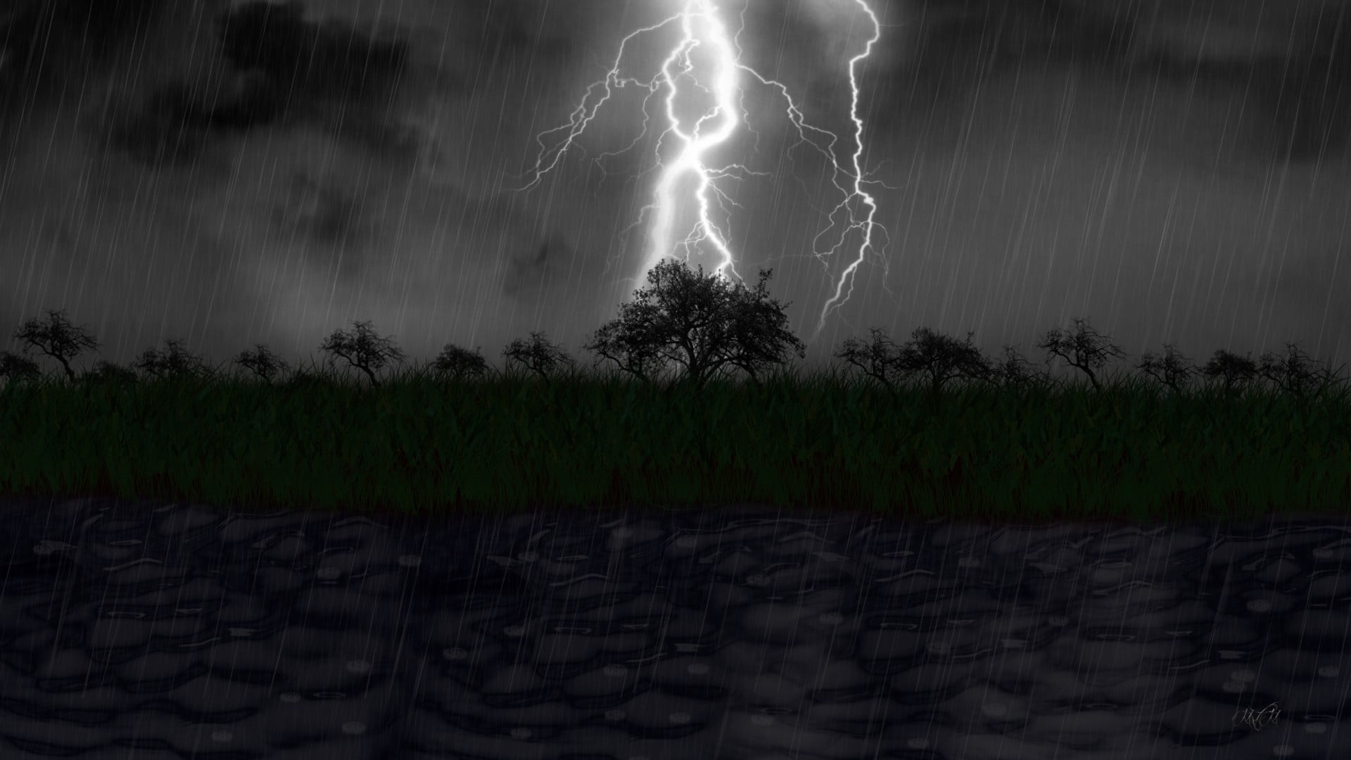 scenics - nature, 1080P, field, environment, power in nature, thunderstorm, nature, digital art, cloud - sky, silhouette, plant, trees, rain, storm, sky, HD Wallpaper