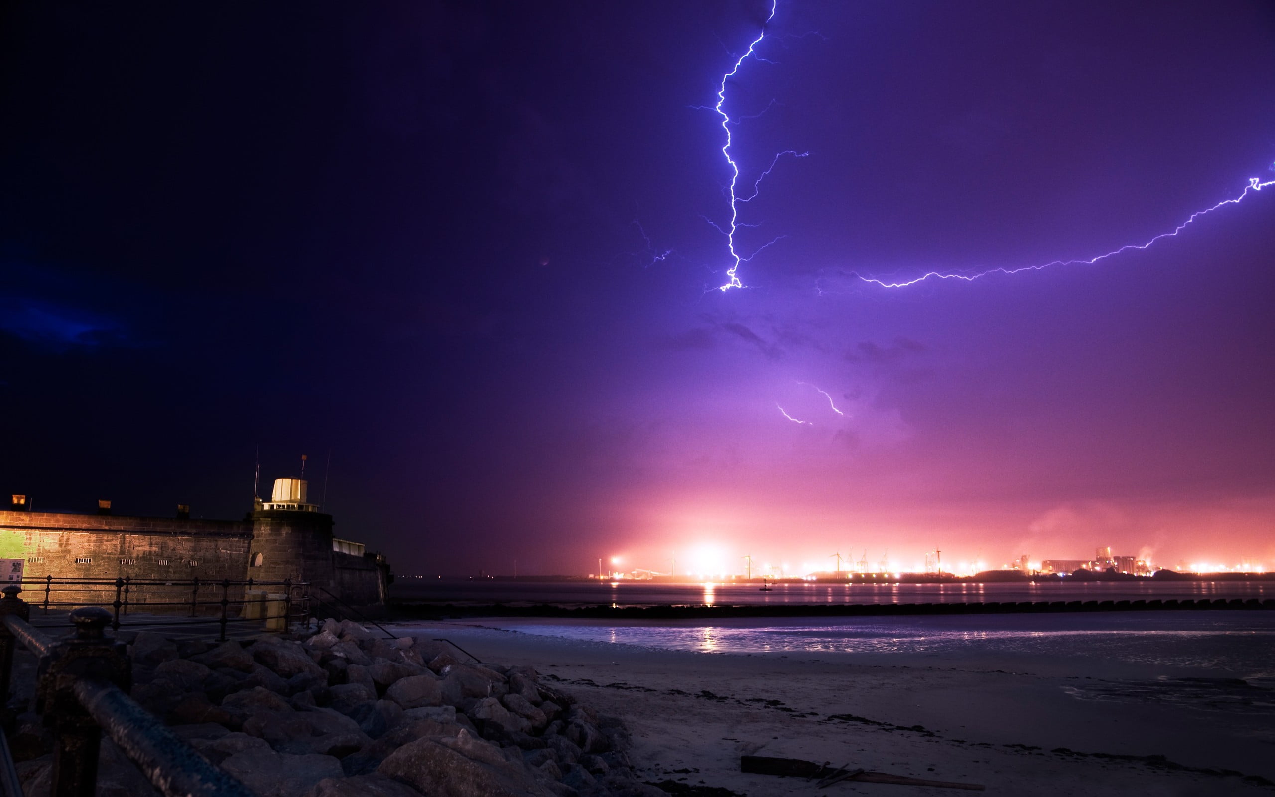 cloud - sky, beauty in nature, illuminated, 2K, electricity, dramatic sky, storm, water, cityscape, power, warning sign, purple, landscape, natural light, HD Wallpaper