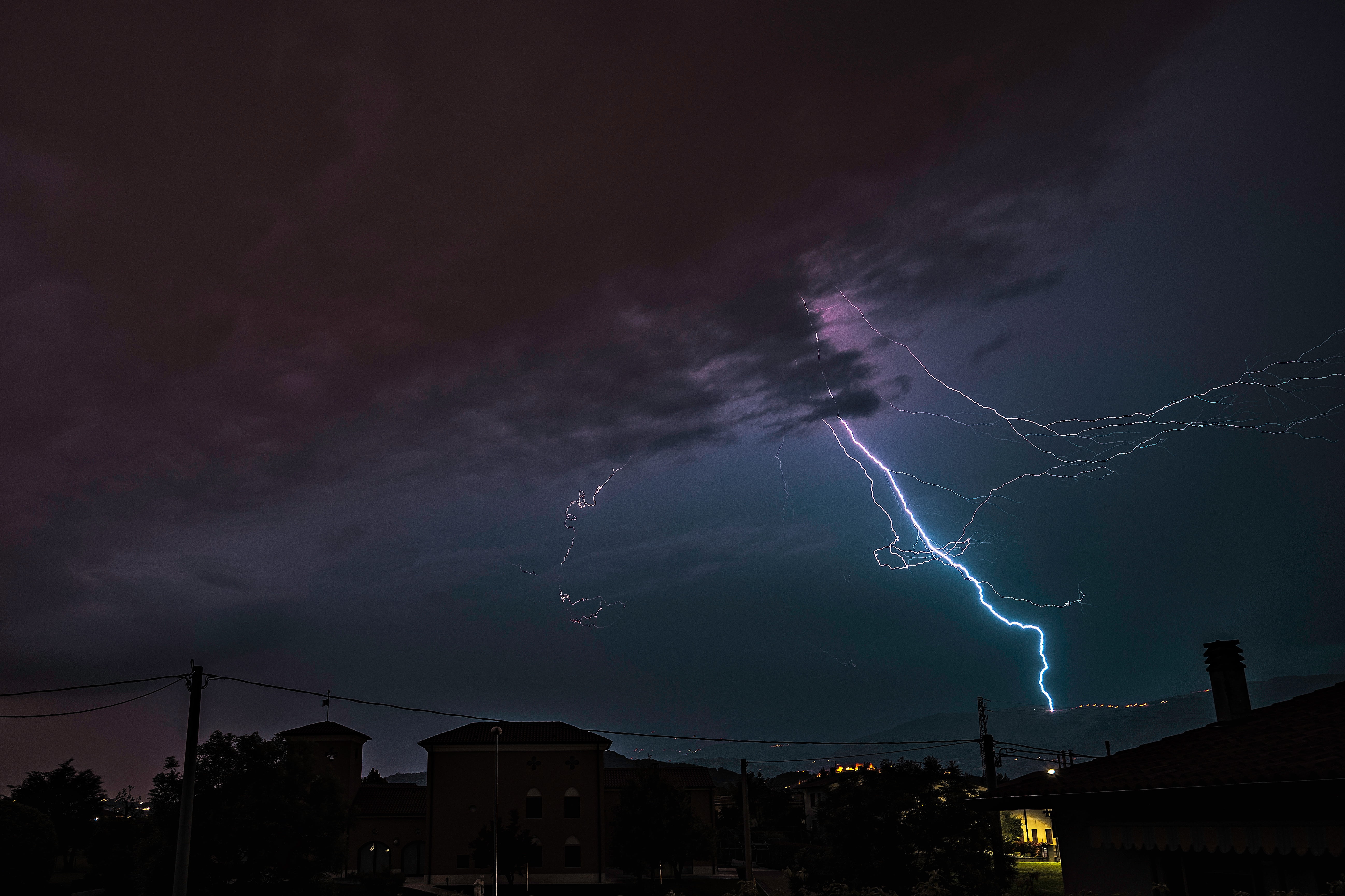 no people, night, blue, danger, power in nature, backgrounds, purple, power supply, lightning, weather, extreme weather, overcast, sign, electricity, storm cloud, HD Wallpaper