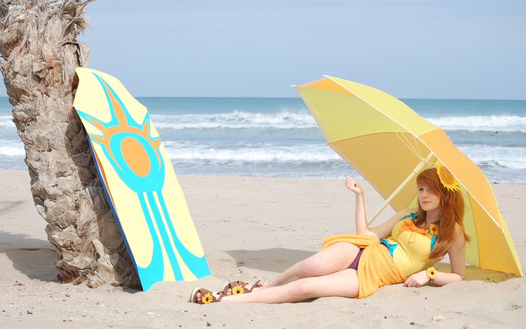 umbrella, 720P, cosplay, looking away, outdoors, beach, Leona (League of Legends), sunflowers, lying on side, sandals, League of Legends, long hair, wavy hair, HD Wallpaper