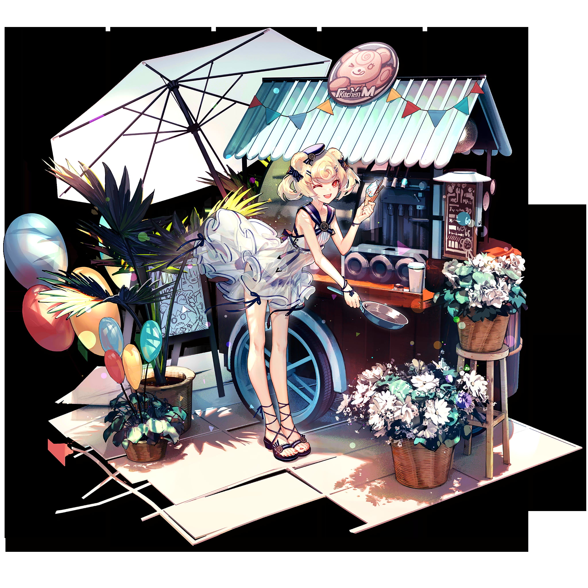 see-through dress, flowers, ГУМ(Arknights), 1080P, anime, plants, ice cream, sandals, sailor outfit, balloon, sunshade, see-through clothing, Arknights, Phone HD Wallpaper