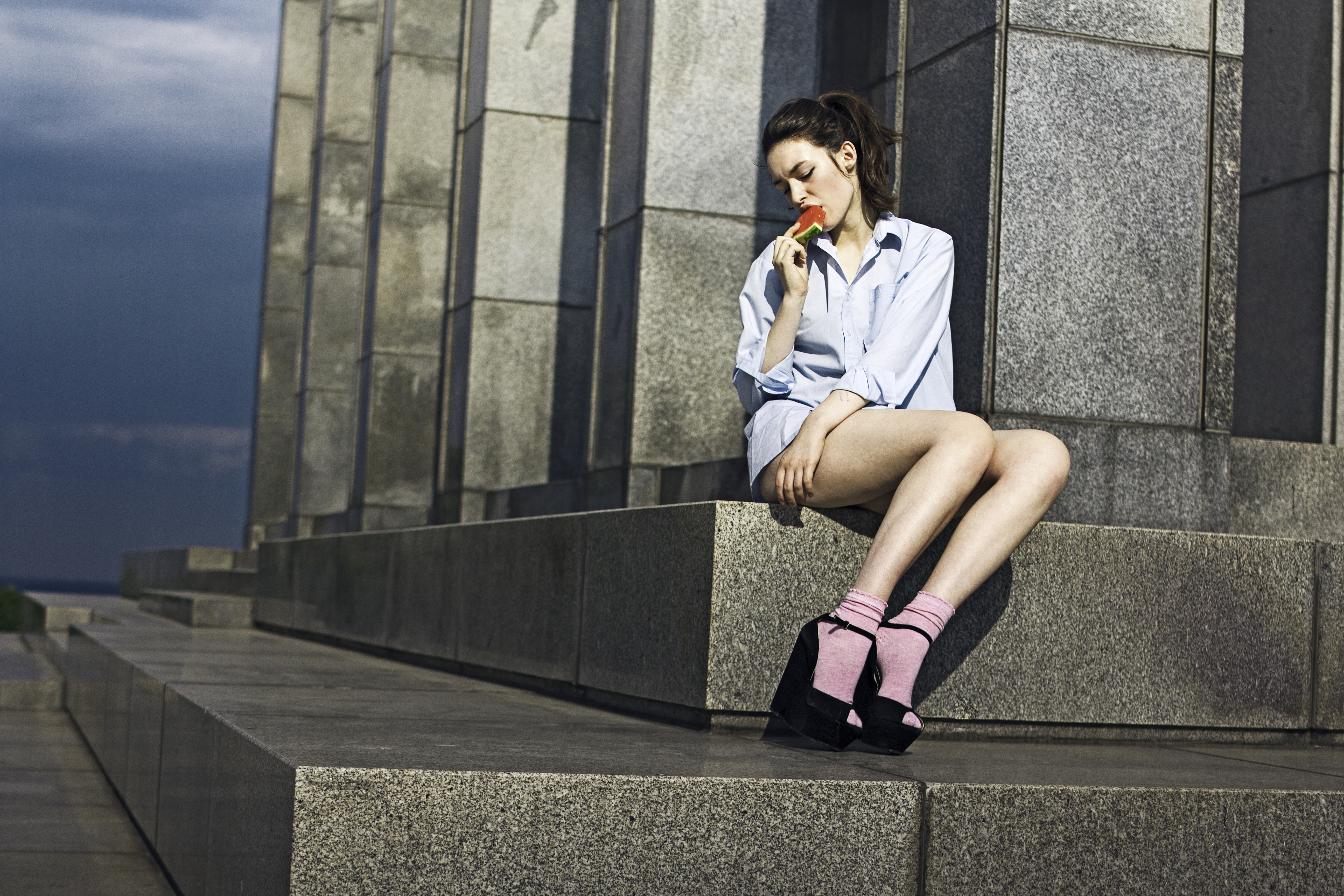 watermelon, girl, steps, pose, shirt, sitting, sandals, socks, 5K, HD Wallpaper