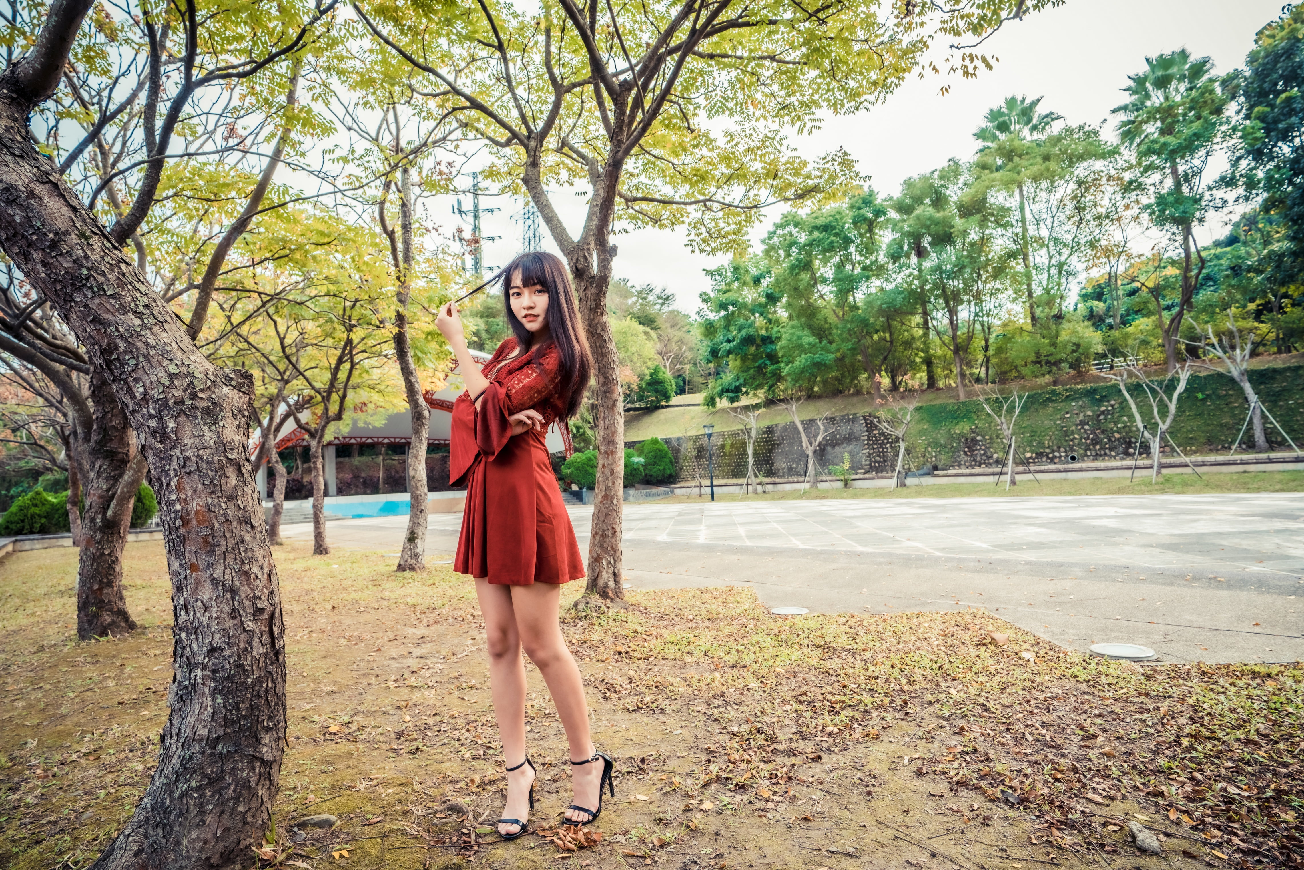 brunette, 4K, trees, Barefoot Sandal, minidress, Asian, women, depth of field, red dress, model, long hair, HD Wallpaper