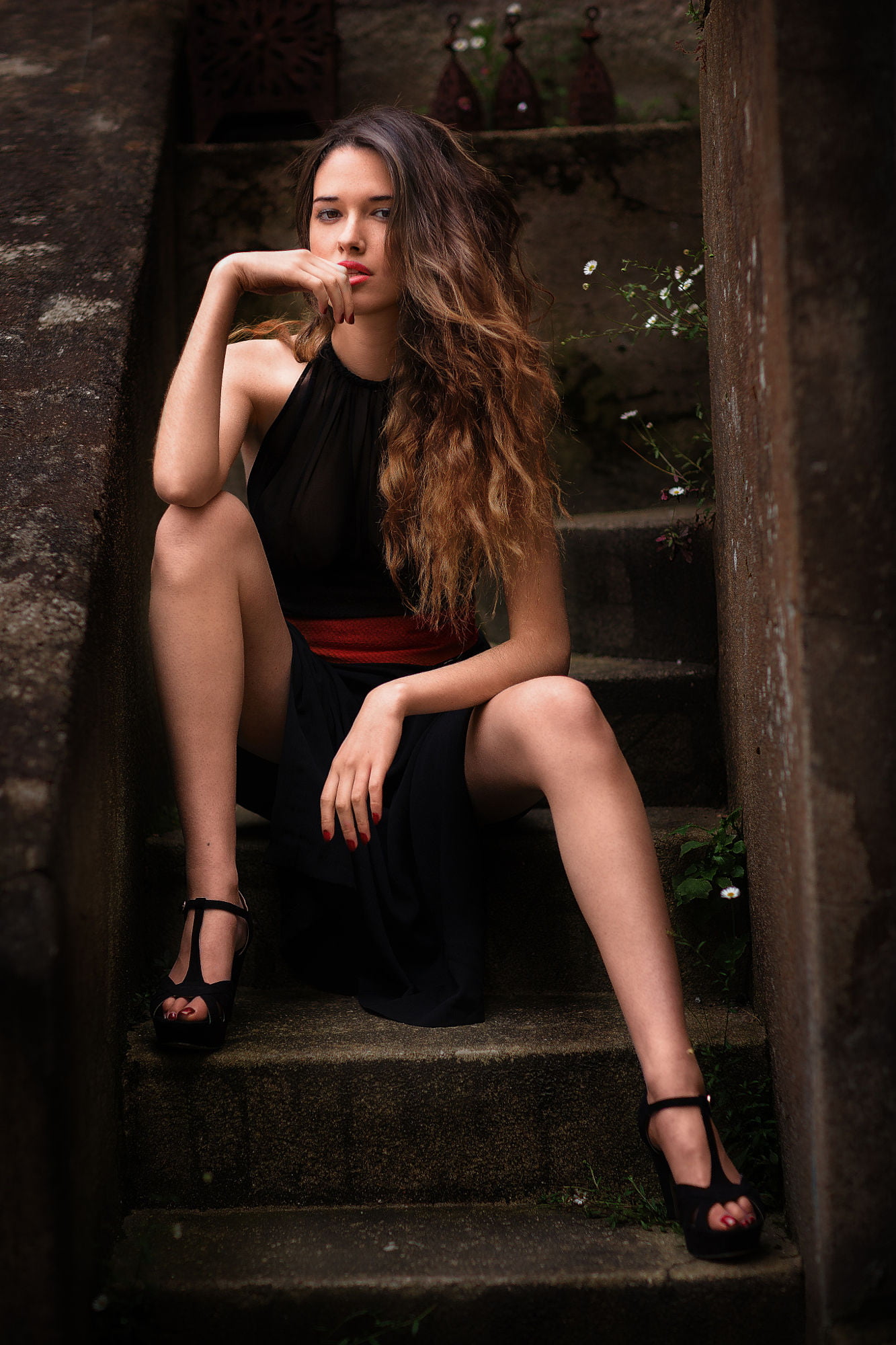 red, stairs, long hair, wavy hair, 1080P, shoes, biting finger, high heels, painted nails, dress, Ombre Hair, belt, black clothing, women, Phone HD Wallpaper