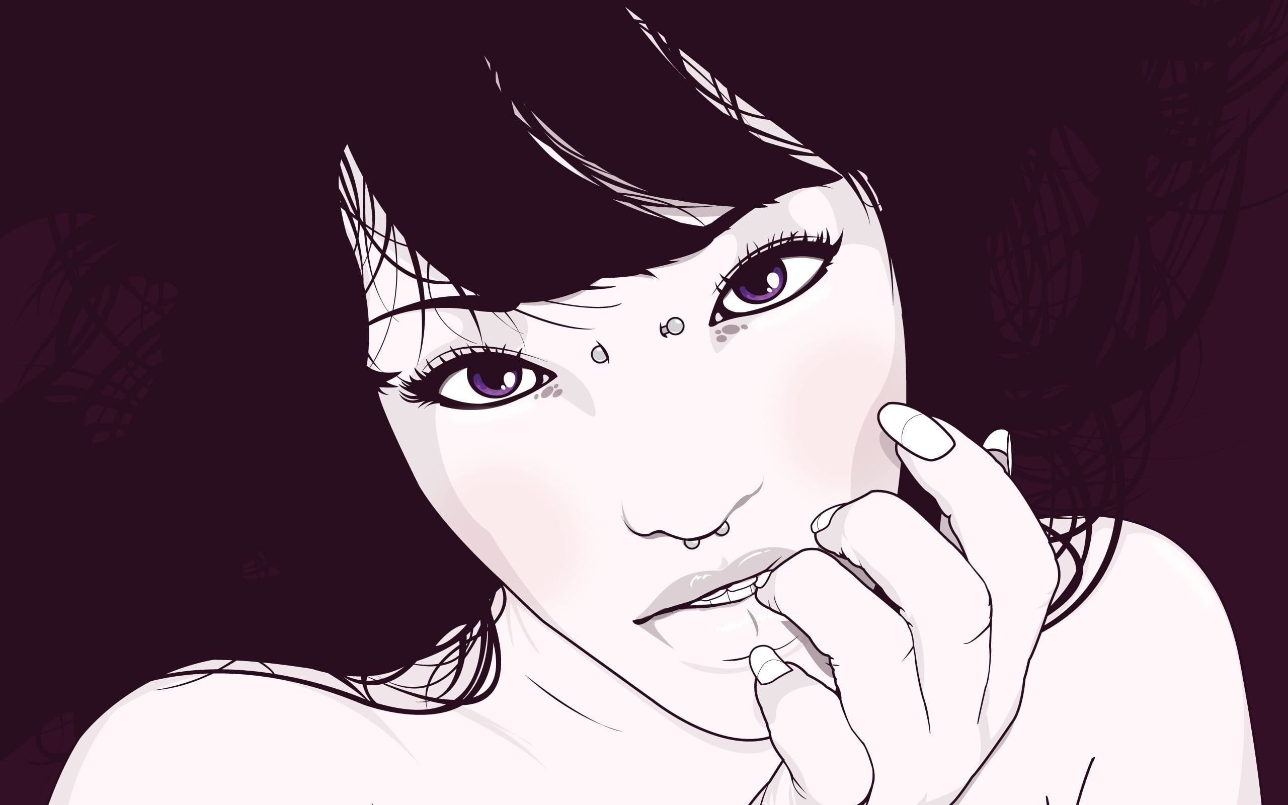 vectors, 2K, Sensual Gaze, Piercing, Finger In Mouth, Looking At Viewer, digital art, Jared Nickerson, Purple Eyes, Biting Finger, artwork, HD Wallpaper