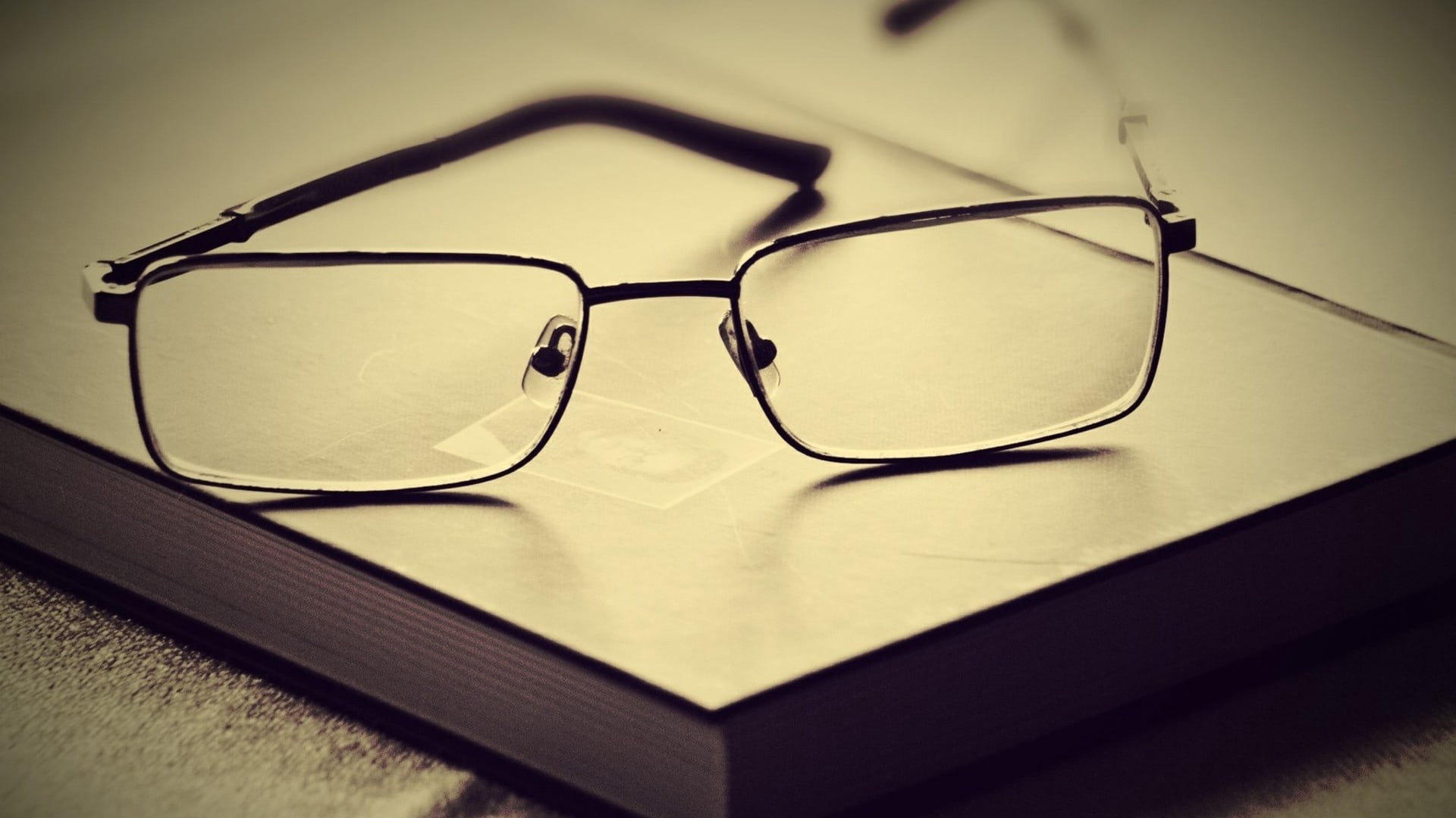 1080P, book, focus on foreground, studying, glass - material, education, glasses, library, lenses, indoors, transparent, table, eyesight, silver, vignette, HD Wallpaper