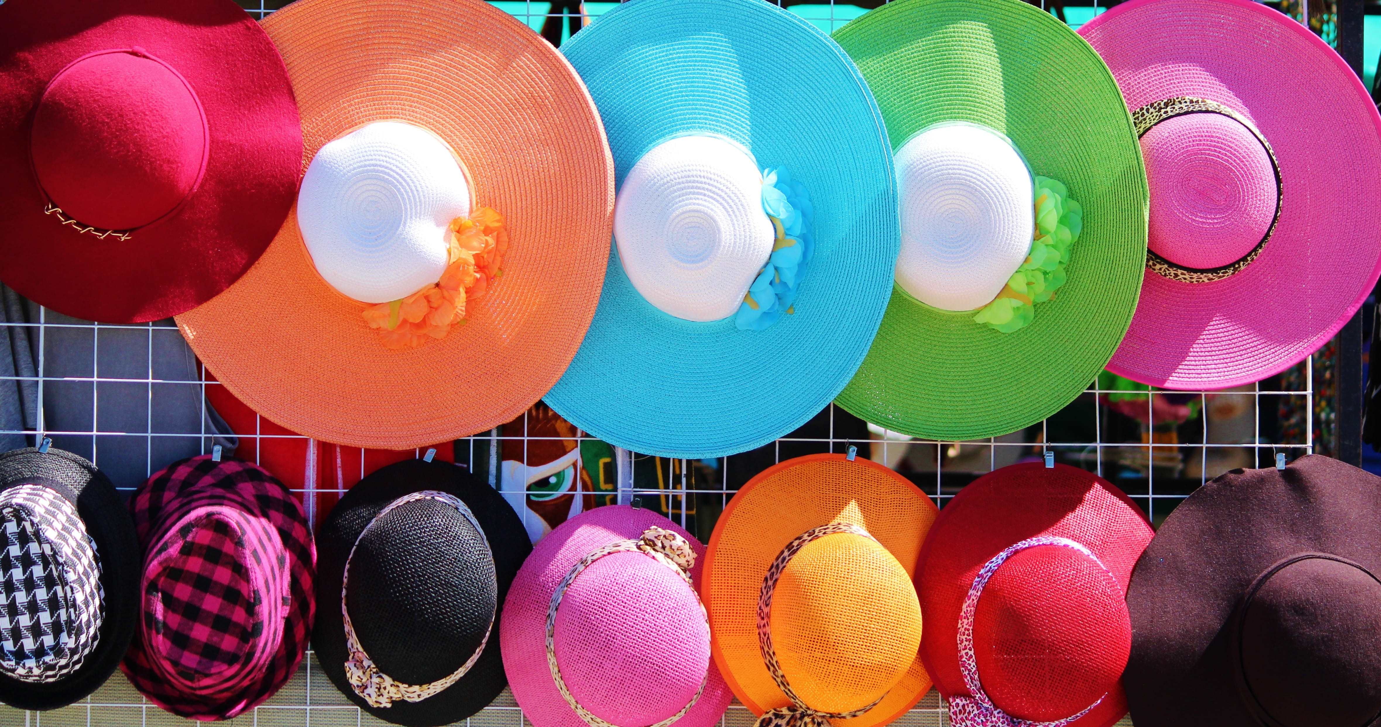 celebration, arrangement, large group of objects, outdoors, Buy, hanging, red, side by side, retail, lantern, Sun Hat, decoration, event, Colorful, hat, HD Wallpaper