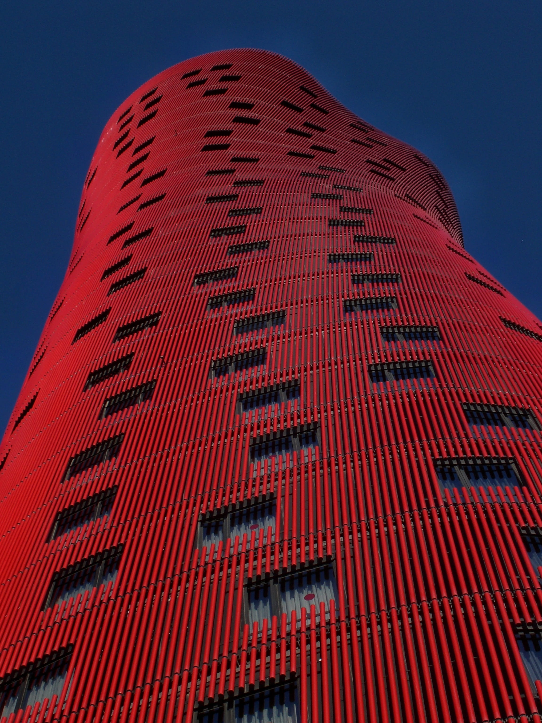 outdoors, lighting equipment, modern, building exterior, low angle view, corporate business, red, Barcelona, sky, Building, clear sky, skyscraper, illuminated, Phone HD Wallpaper