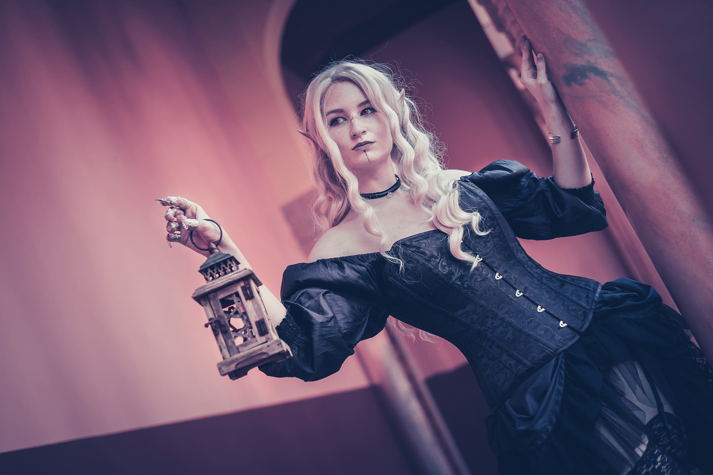 hairstyle, cosplay, dress, style, pose, background, look, elf, blonde, ears, lenses, arch, girl, image, wall, 2K, columns, manicure, long-haired, lantern, HD Wallpaper