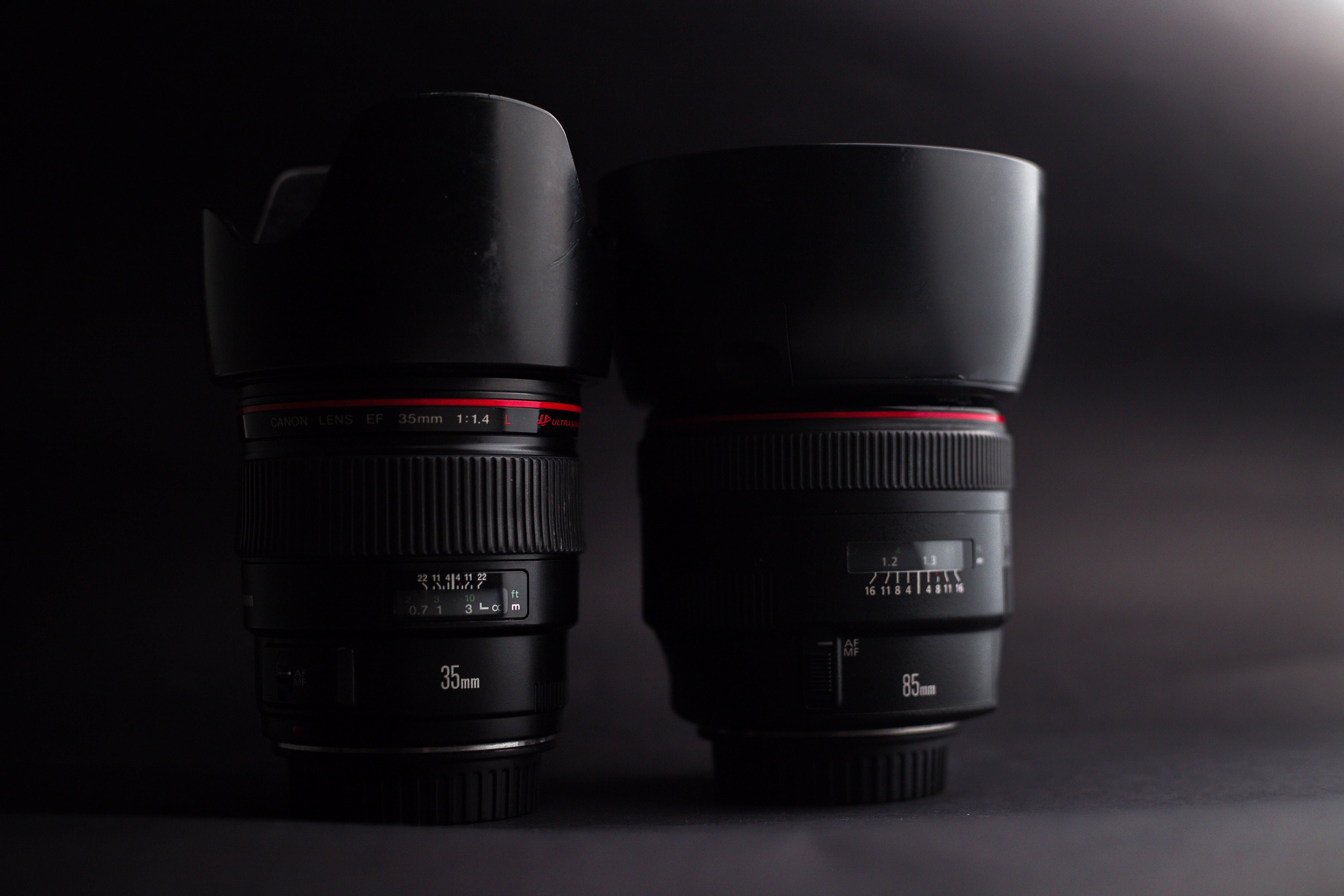 lenses, food, group of objects, photography themes, still life, camera, 5K, red, equipment, indoors, black color, gray background, stack, two objects, HD Wallpaper