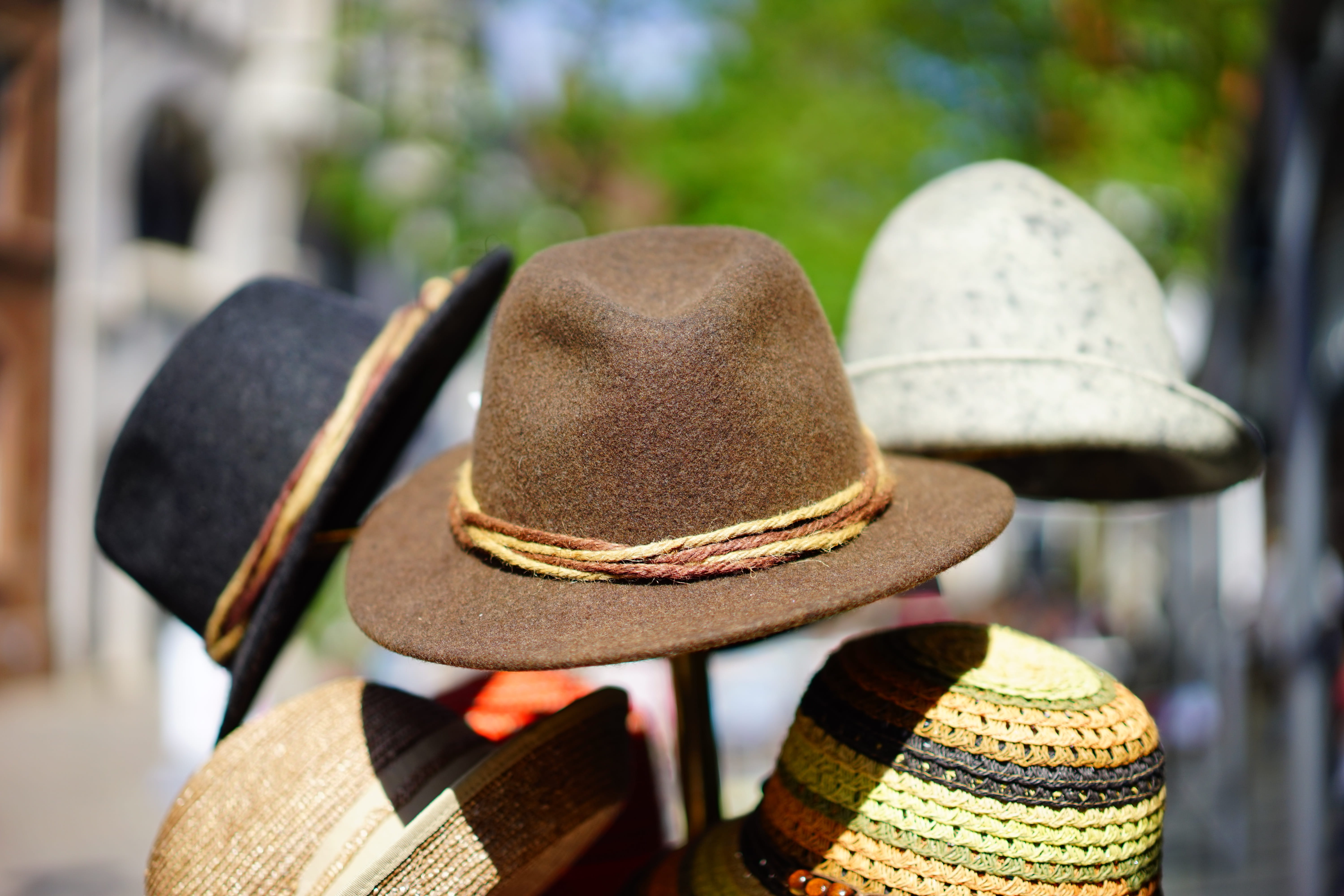 hat sale, selective, close-up, stacked, textured, wool felt, focus, photography, focus on foreground, seat, rear view, cord band, wood - material, headwear, HD Wallpaper