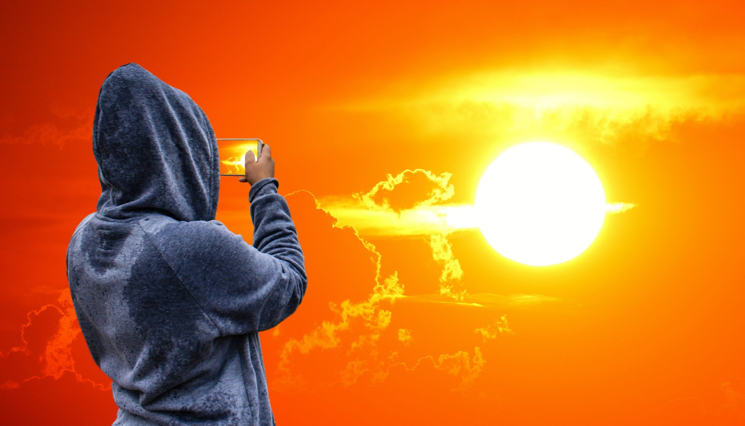 photograph, sun, sunset, taking, fire - natural phenomenon, communication, 2K, nature, security, photo, clothing, vibrant color, protection, adult, orange color, HD Wallpaper