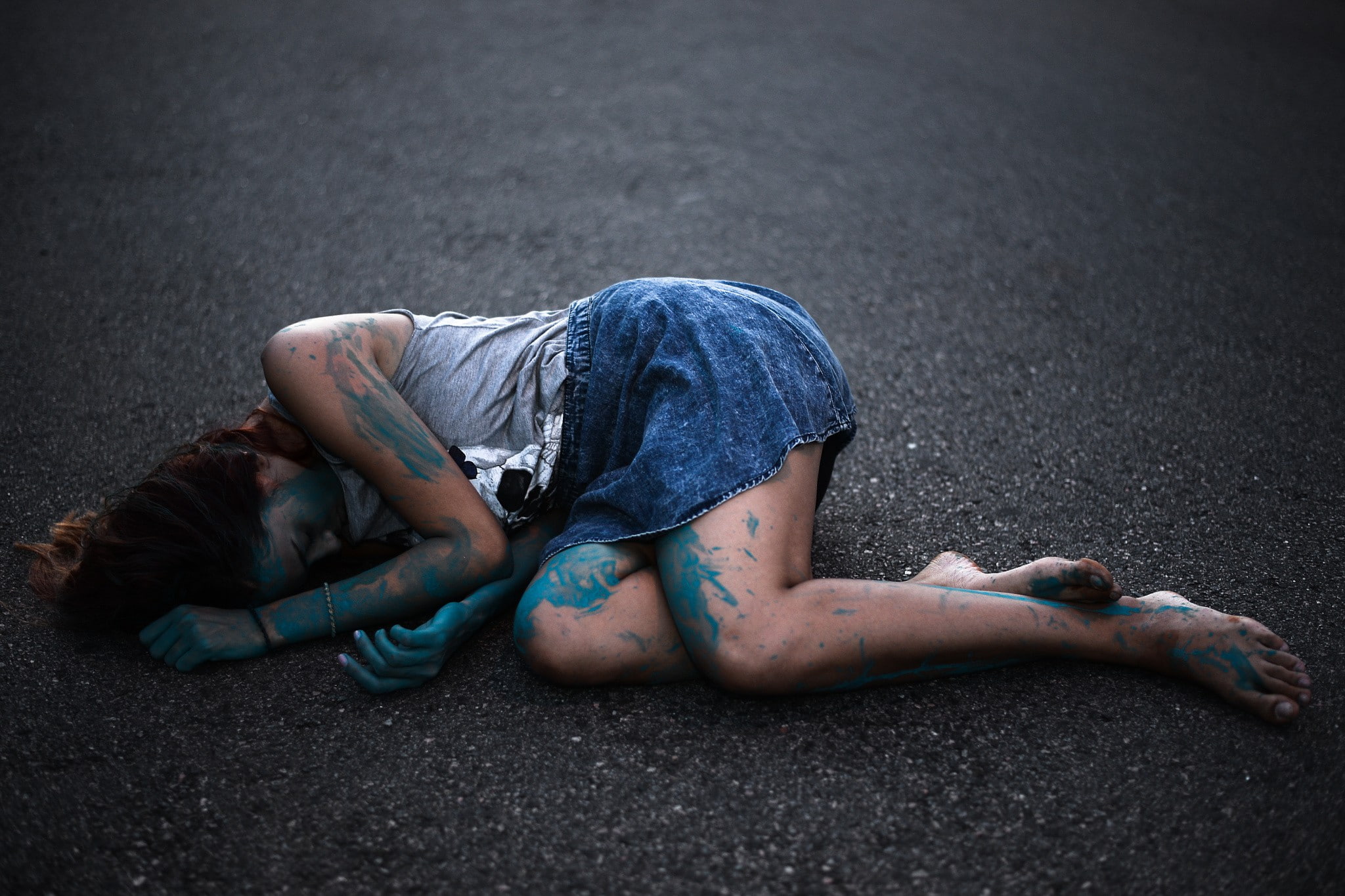women, ground, body paint, lying down, blue, barefoot, 1080P, vignette, denim skirt, HD Wallpaper