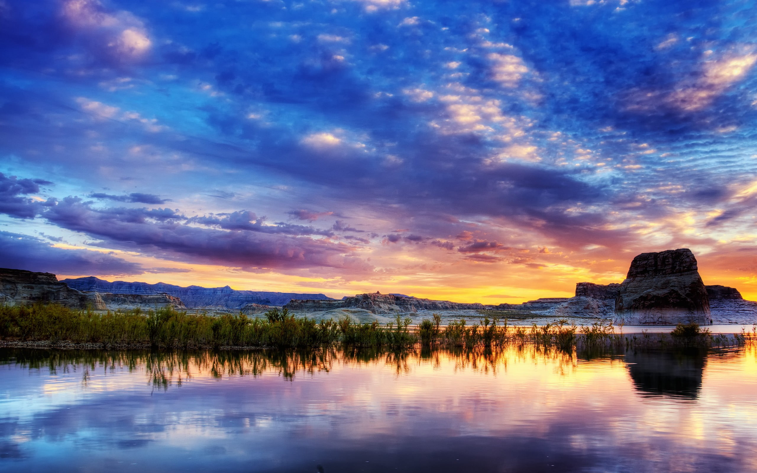 reflection lake, painting, mountains, beauty in nature, sky, remote, sunset, 2K, tranquil scene, reflection, idyllic, cloud - sky, scenics - nature, landscape, HD Wallpaper