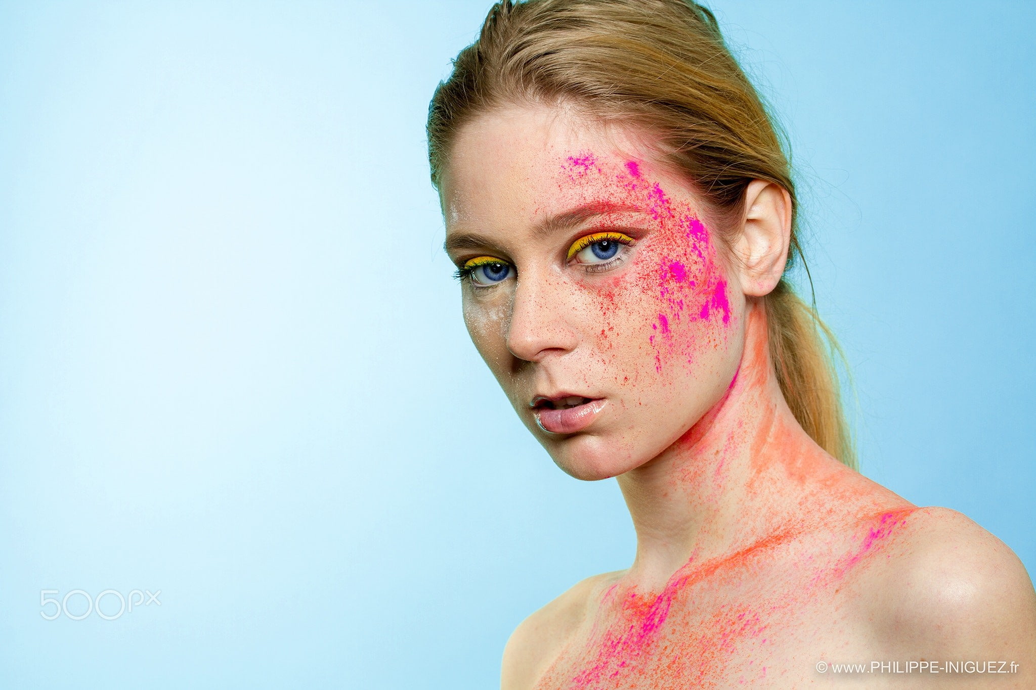 looking at viewer, body paint, face, bare shoulders, blue eyes, 1080P, model, makeup, 500px, women, Philippe Iniguez, blonde, HD Wallpaper