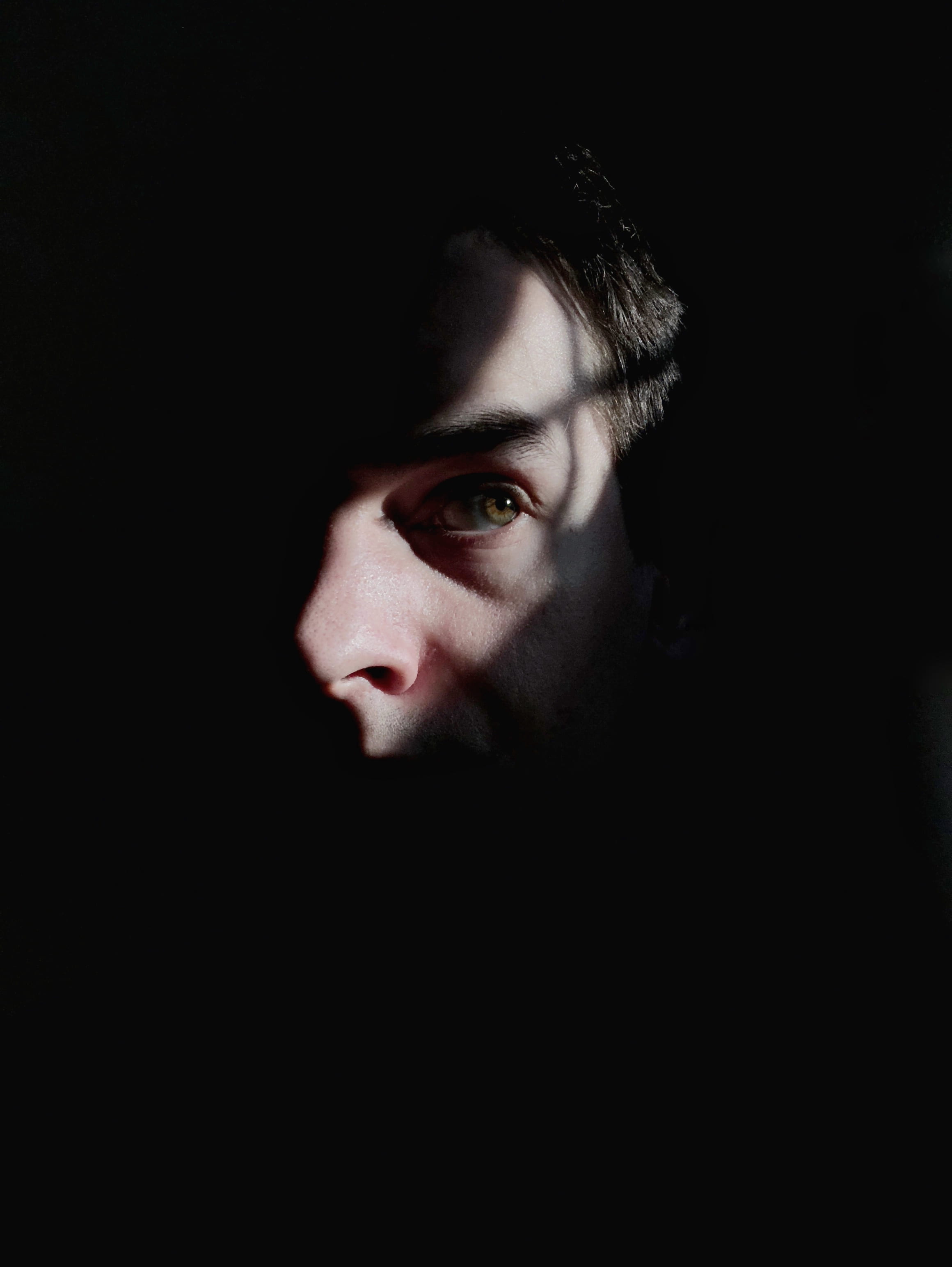 one person, human body part, body part, photo, outside, close-up, dark, young adult, human face, face, contemplation, make, t, closeup, black background, Phone HD Wallpaper