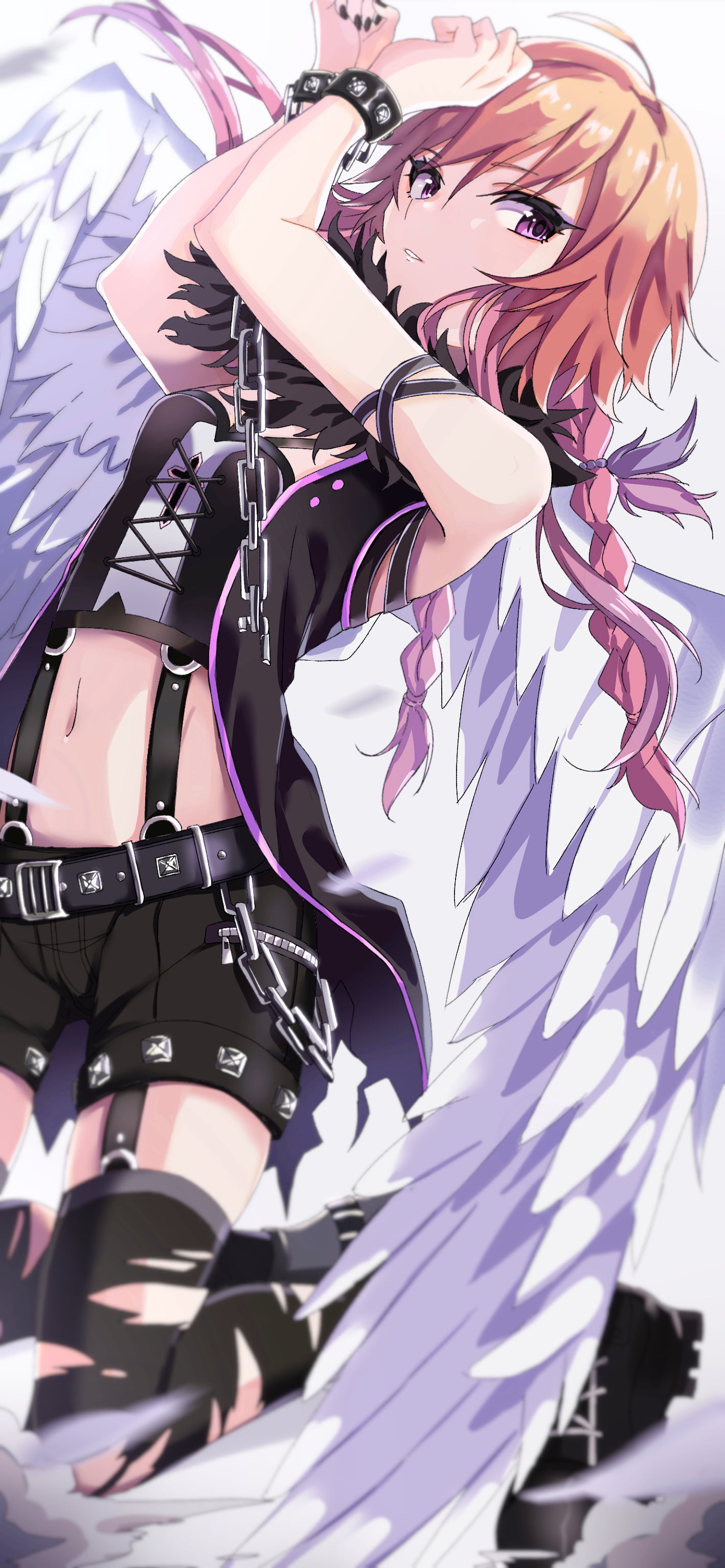 brunette, wings, artwork, anime girls, portrait display, short hair, short shorts, vertical, digital art, Asuka Ninomiya, short pants, blue eyes, anime, Phone HD Wallpaper
