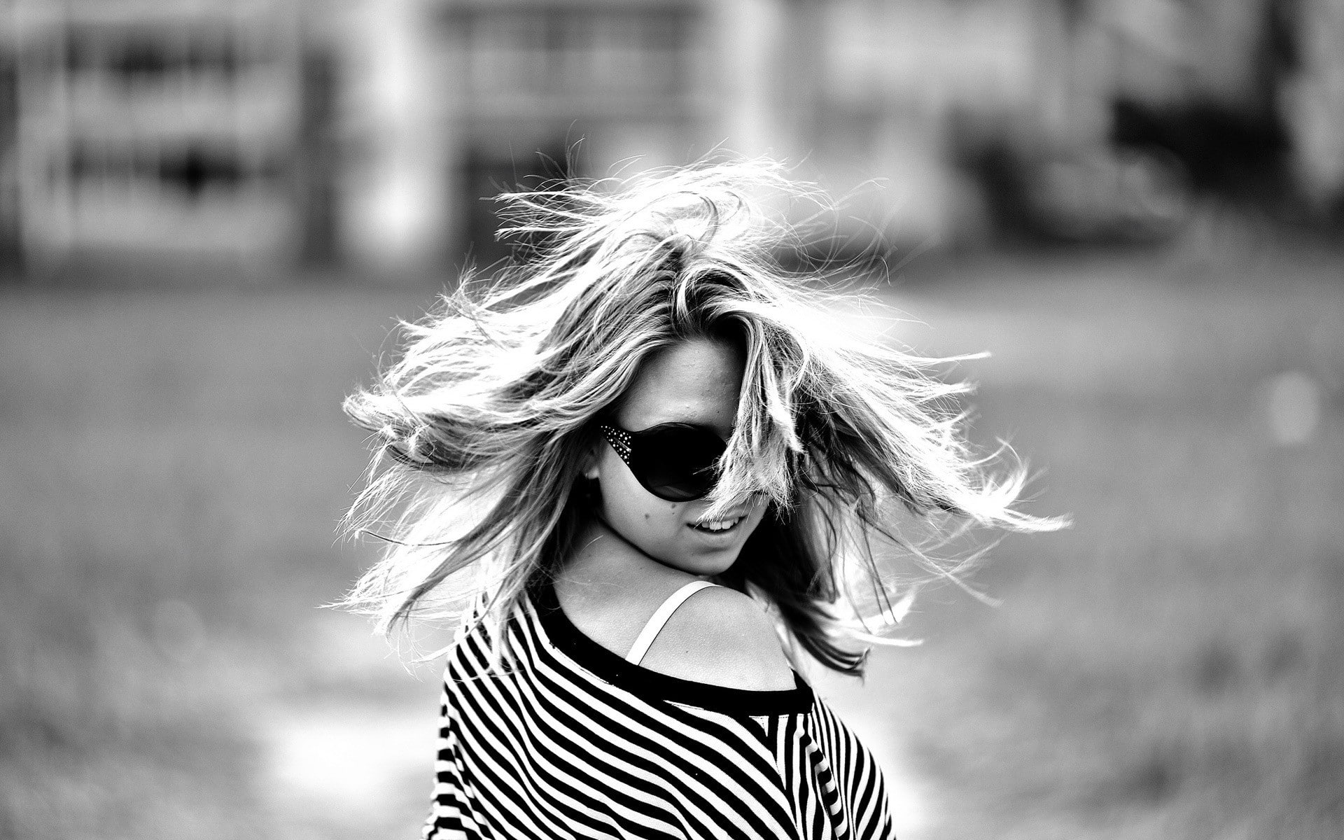 tousled hair, 1080P, child, portrait, monochrome, messy hair, fashion, striped clothing, childhood, lifestyles, bra straps, sunglasses, day, hairstyle, HD Wallpaper