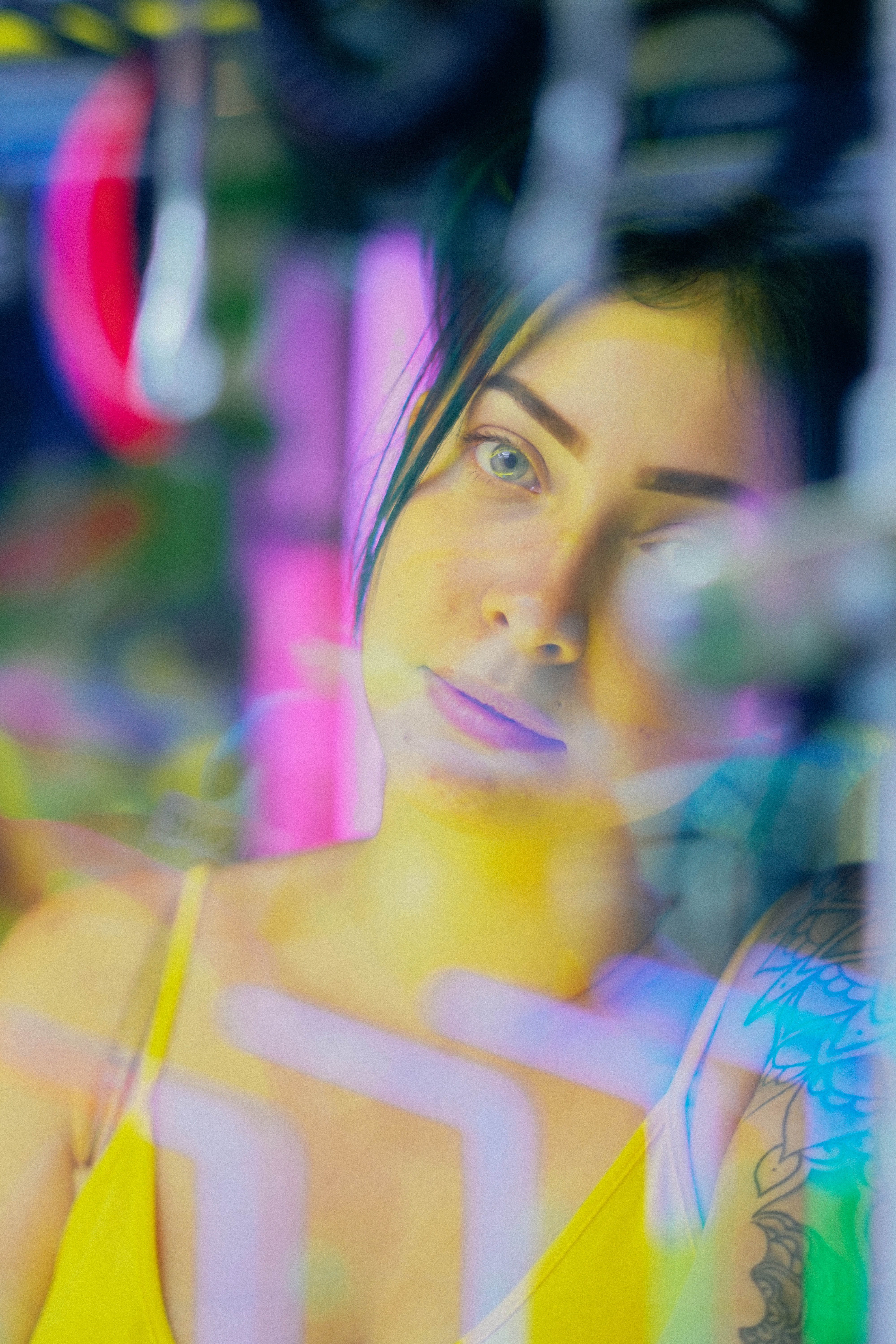 model, face, spaghetti, arcade, multi colored, portrait, young adult, adult, females, yellow, female, glass, girl, light, woman, headshot, one person, closeup, Phone HD Wallpaper