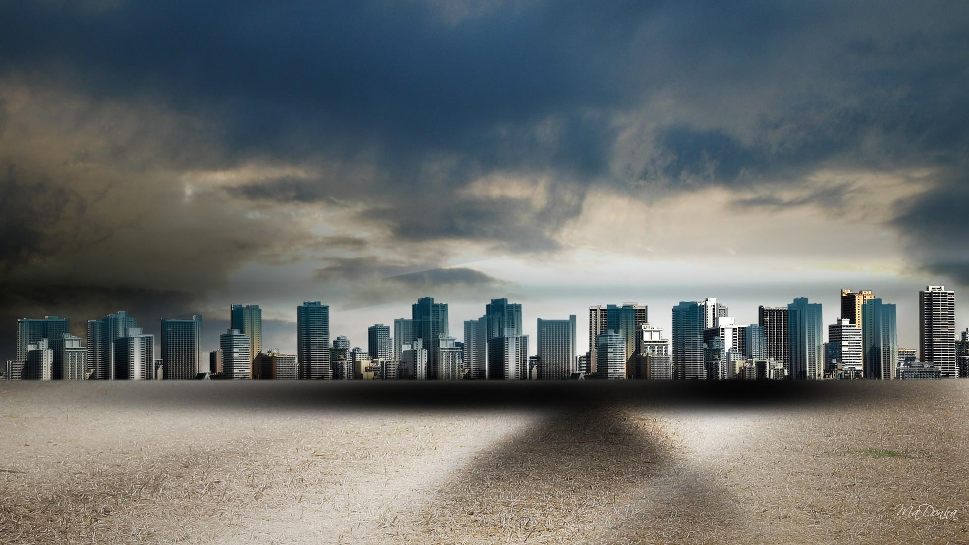 high, 3d and abstract, blue, grey, building, darkening, 1080P, shadow, clouds, lot, city, storm, high rise, rise, HD Wallpaper