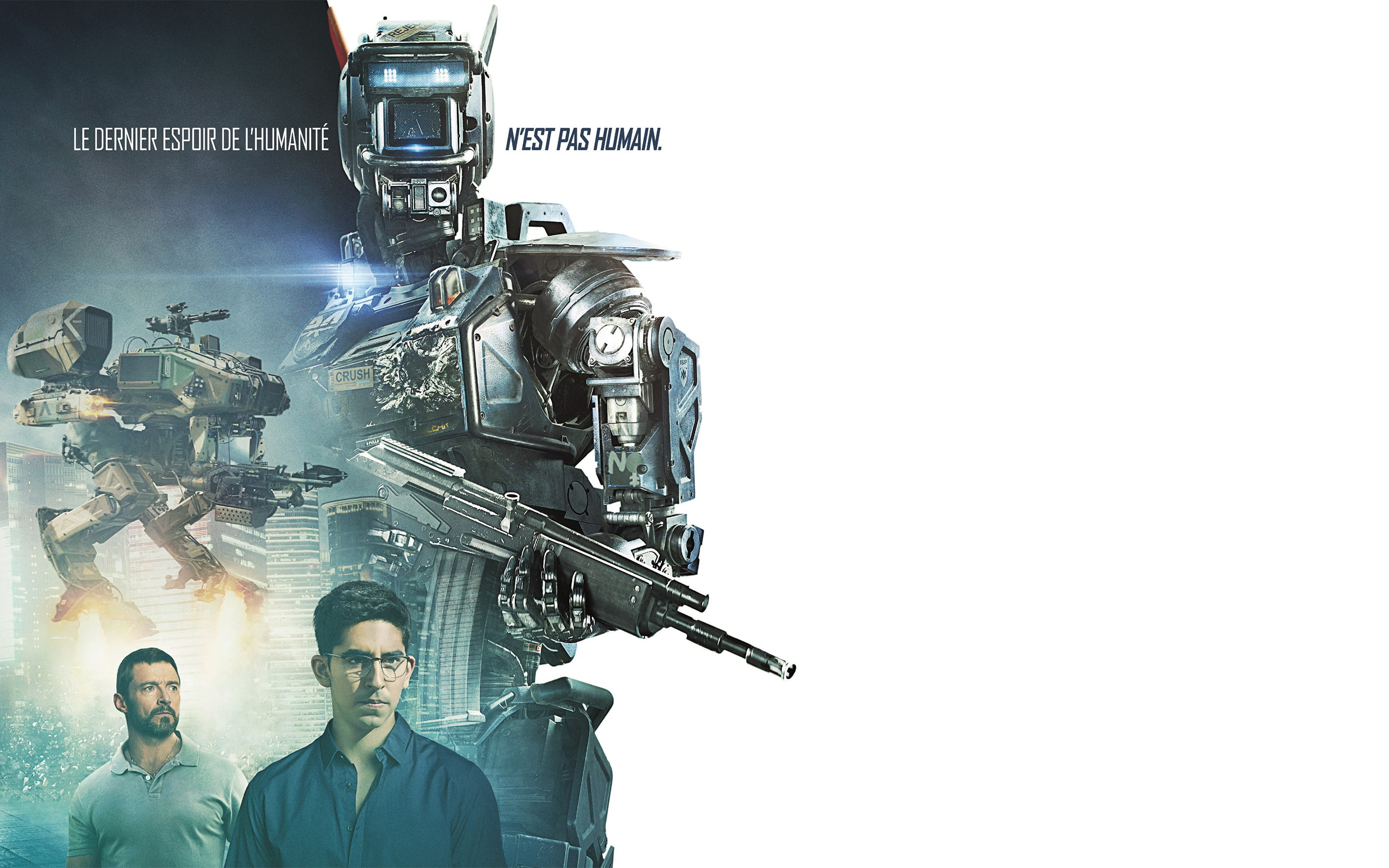 Dev Patel, Chappie, Hugh Jackman, 2K, weapons, robot, Sharlto Copley, poster, white background, The robot named Chappy, HD Wallpaper