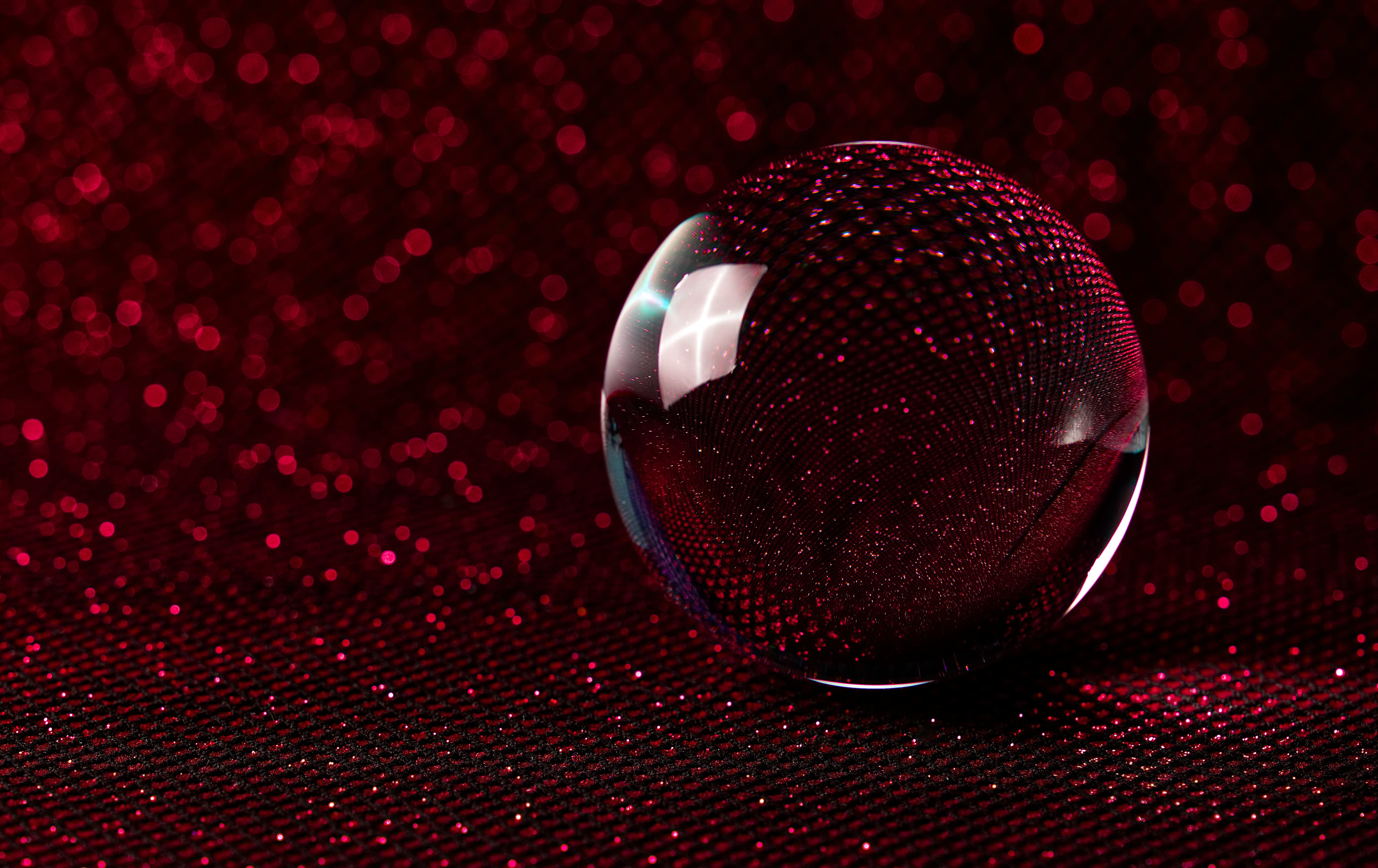 5K, lights, mirroring, still life, bokeh, red, table, magic, food and drink, crystal ball-photography, colorful, textile, pattern, indoors, focus on foreground, HD Wallpaper