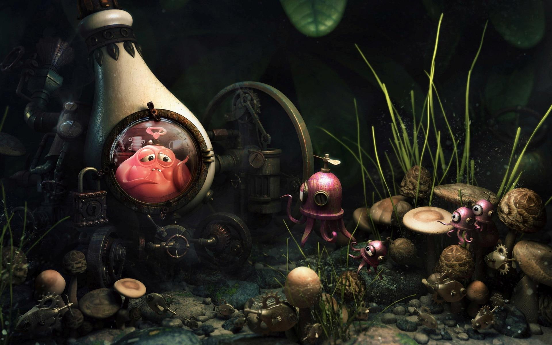 robot, character, sea, 1080P, monster, 1920x1200, robotic, fish, pink, fantasy, cartoon, sealife, HD Wallpaper