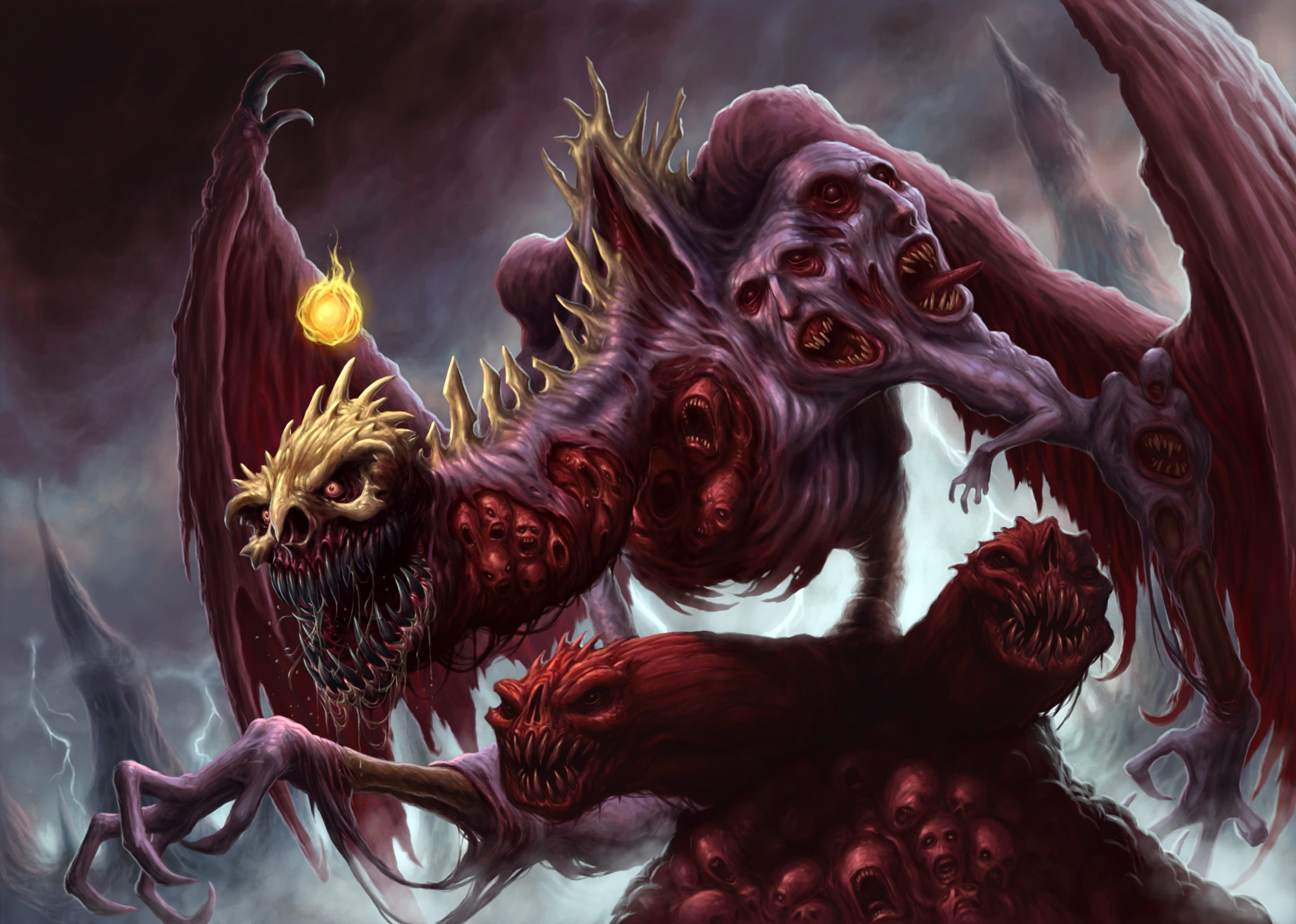 creature, skull, fireballs, 2K, face, dark, surreal, fantasy art, digital art, wings, teeth, HD Wallpaper