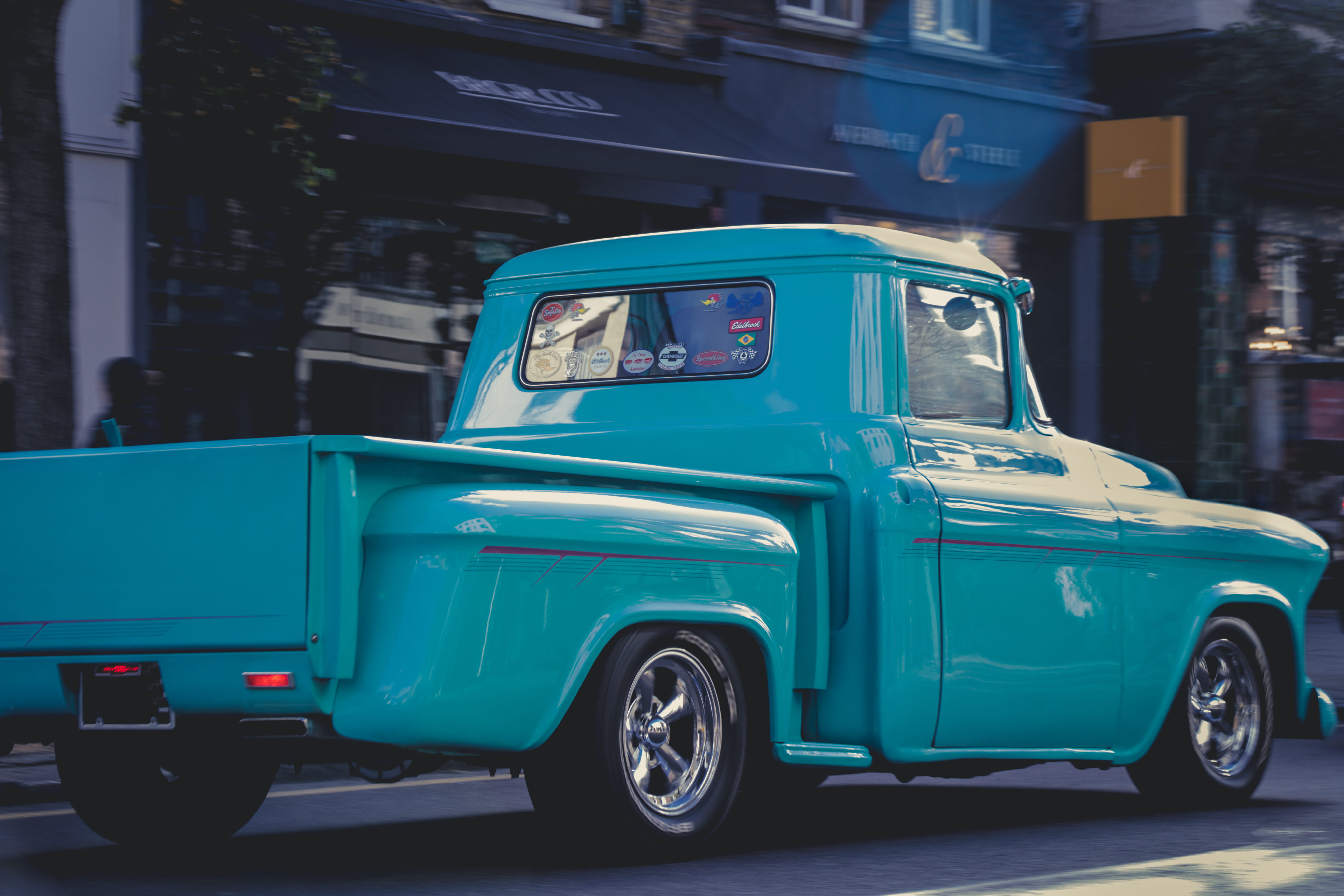 sun, custom, car, reflection, exotic car, headlight, building exterior, 5K, land vehicle, stickers, street, day, blue, window, architecture, HD Wallpaper